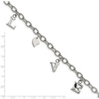 Stainless Steel Polished and Textured Love Charm Bracelet for Women