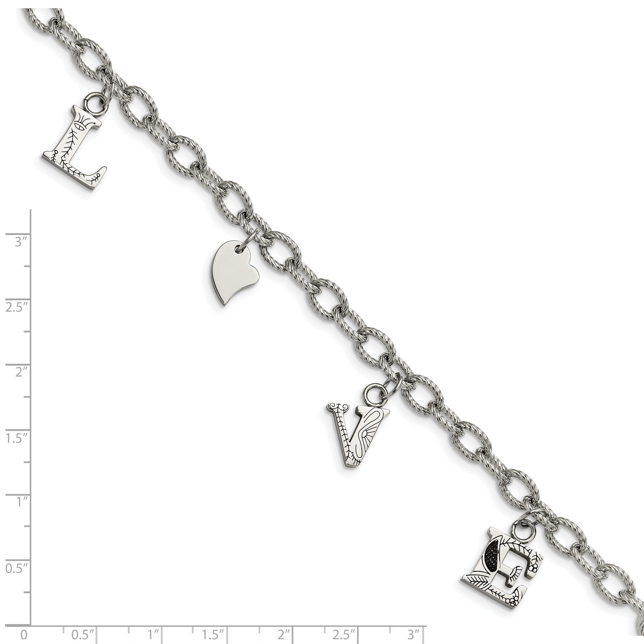 Stainless Steel Polished and Textured Love Charm Bracelet for Women