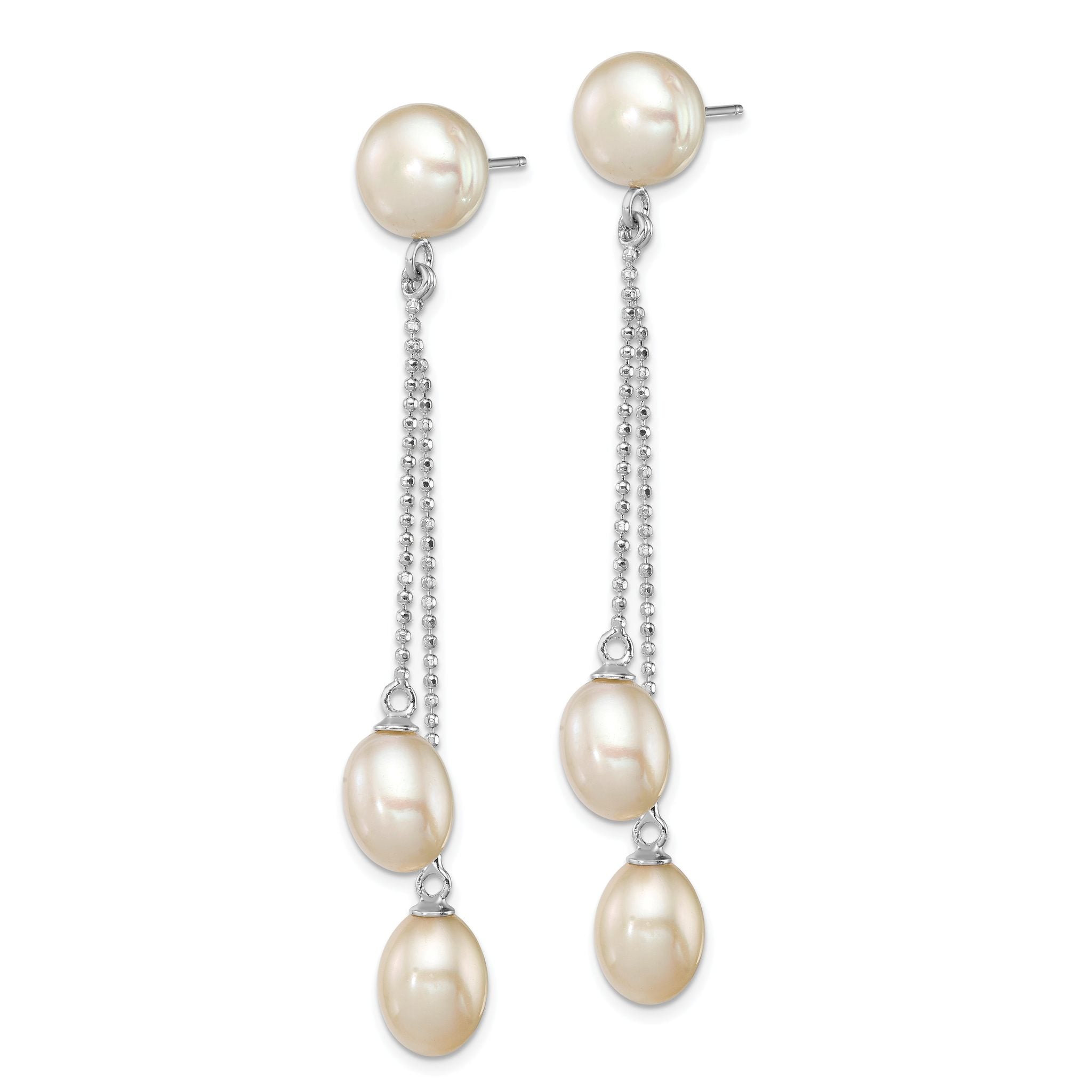 Sterling Silver Rhodium Plated Three 6-9mm White Freshwater Cultured Pearl Dangle Post Earrings Secondary image