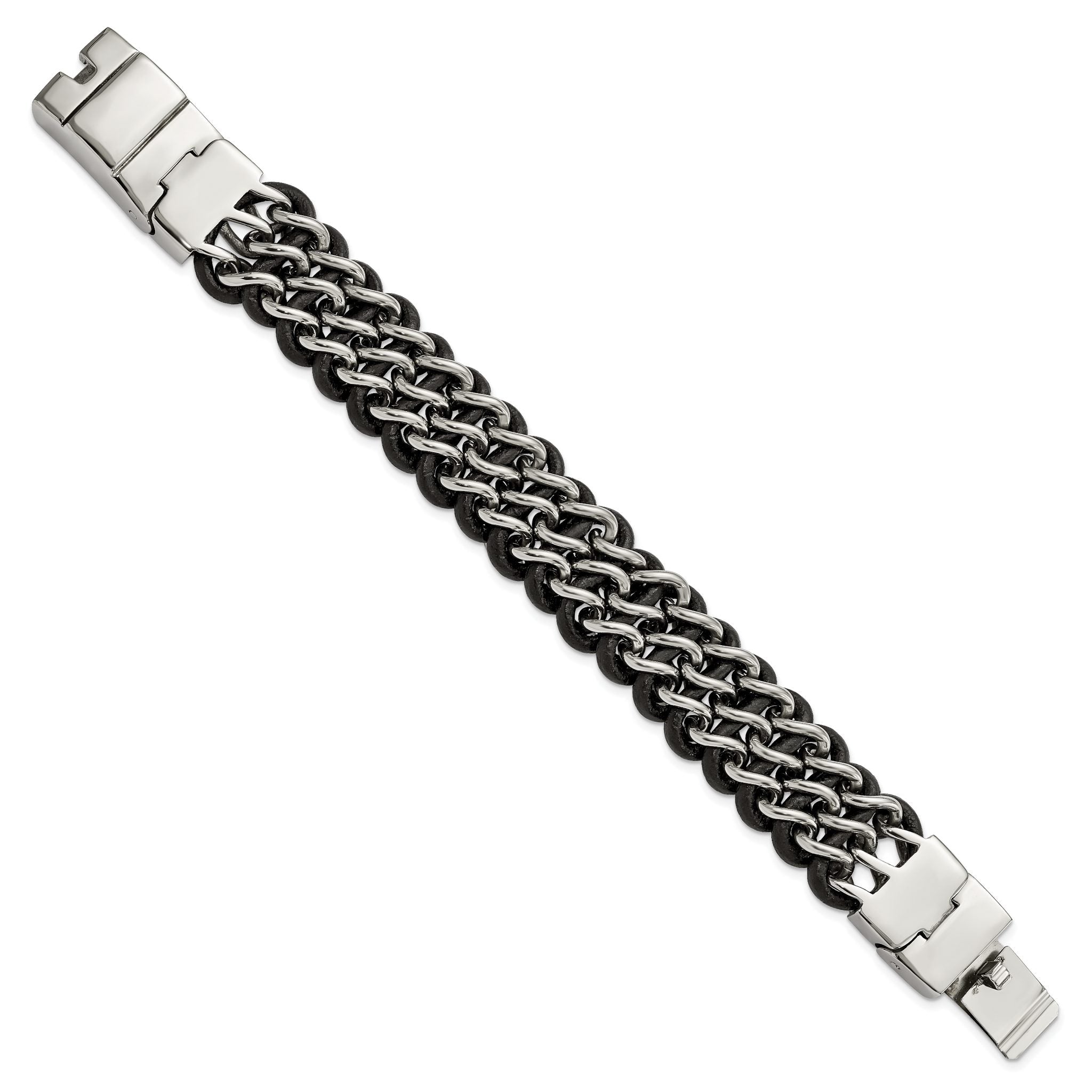 Stainless Steel Polished Black Leather Bracelet for Men