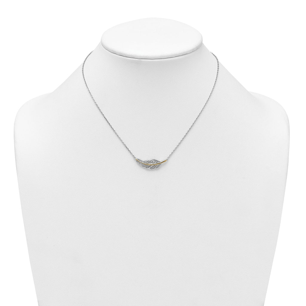 Sterling Silver Rhodium-plated with 14k Accent Polished CZ Feather 16 inch with 2 inch Extension Necklace