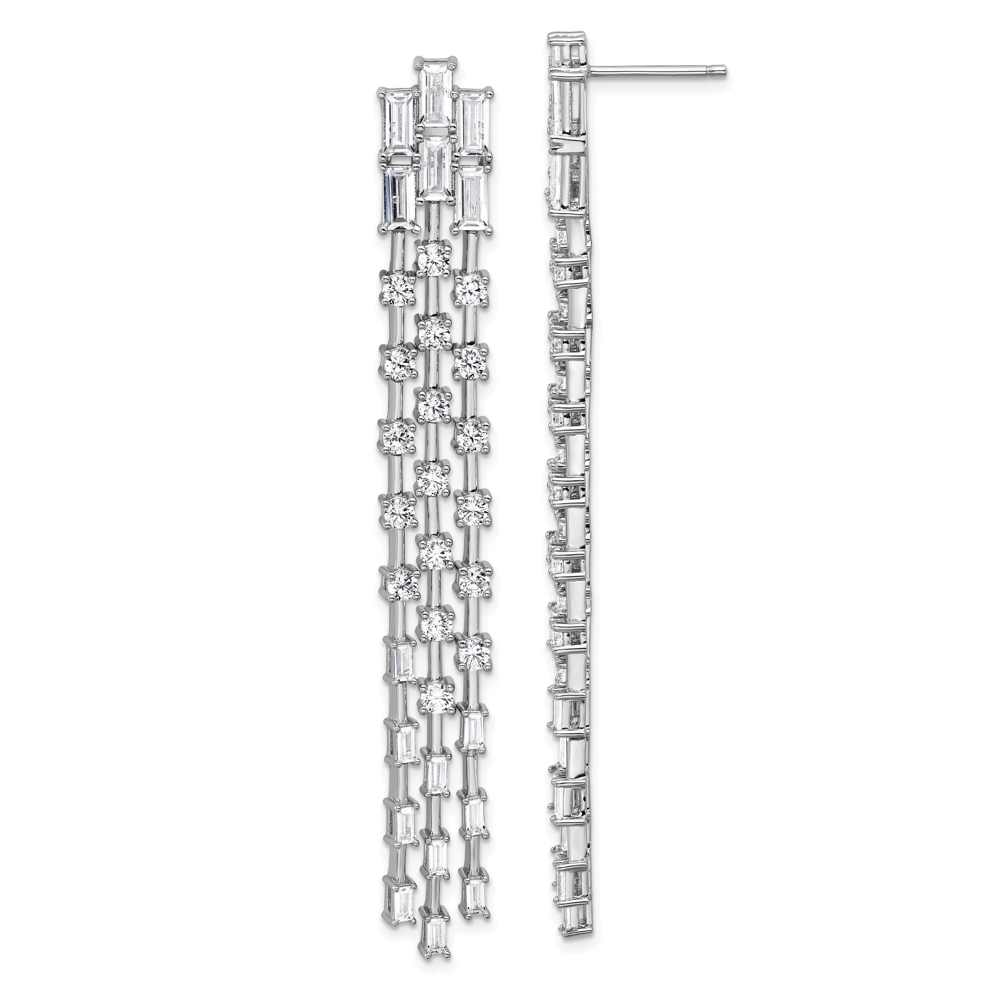 Cheryl M Sterling Silver Rhodium-plated Polished Fancy 3-Row CZ Post Dangle Earrings Main image