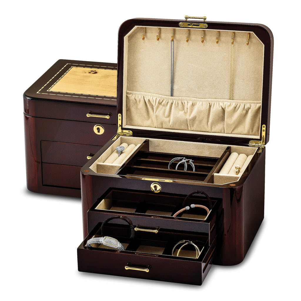 Luxury Giftware by Jere High GloSterling Silver Burgundy Bubinga Veneer w/Mapa Burl and Scrolled Inlay 2-drawer Locking Wooden Jewelry Box