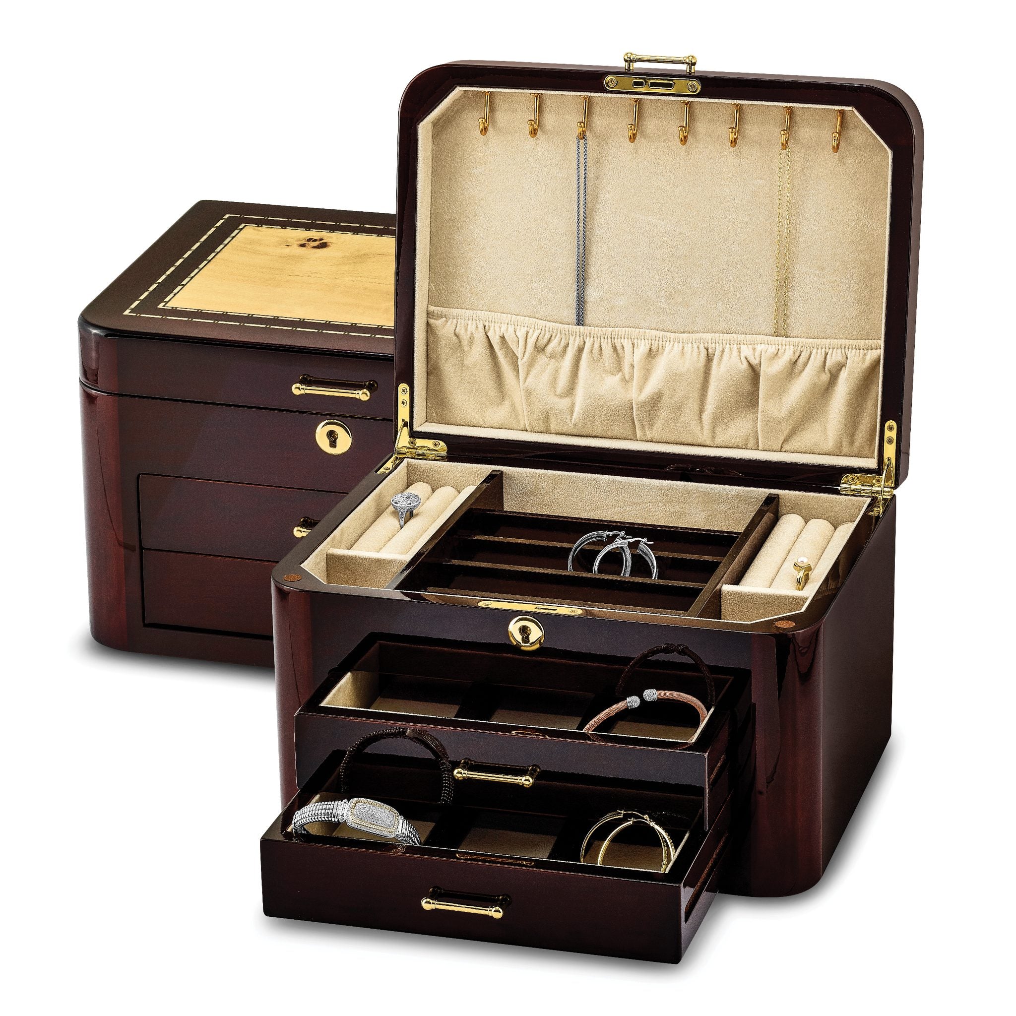 Luxury Giftware by Jere High GloSterling Silver Burgundy Bubinga Veneer w/Mapa Burl and Scrolled Inlay 2-drawer Locking Wooden Jewelry Box