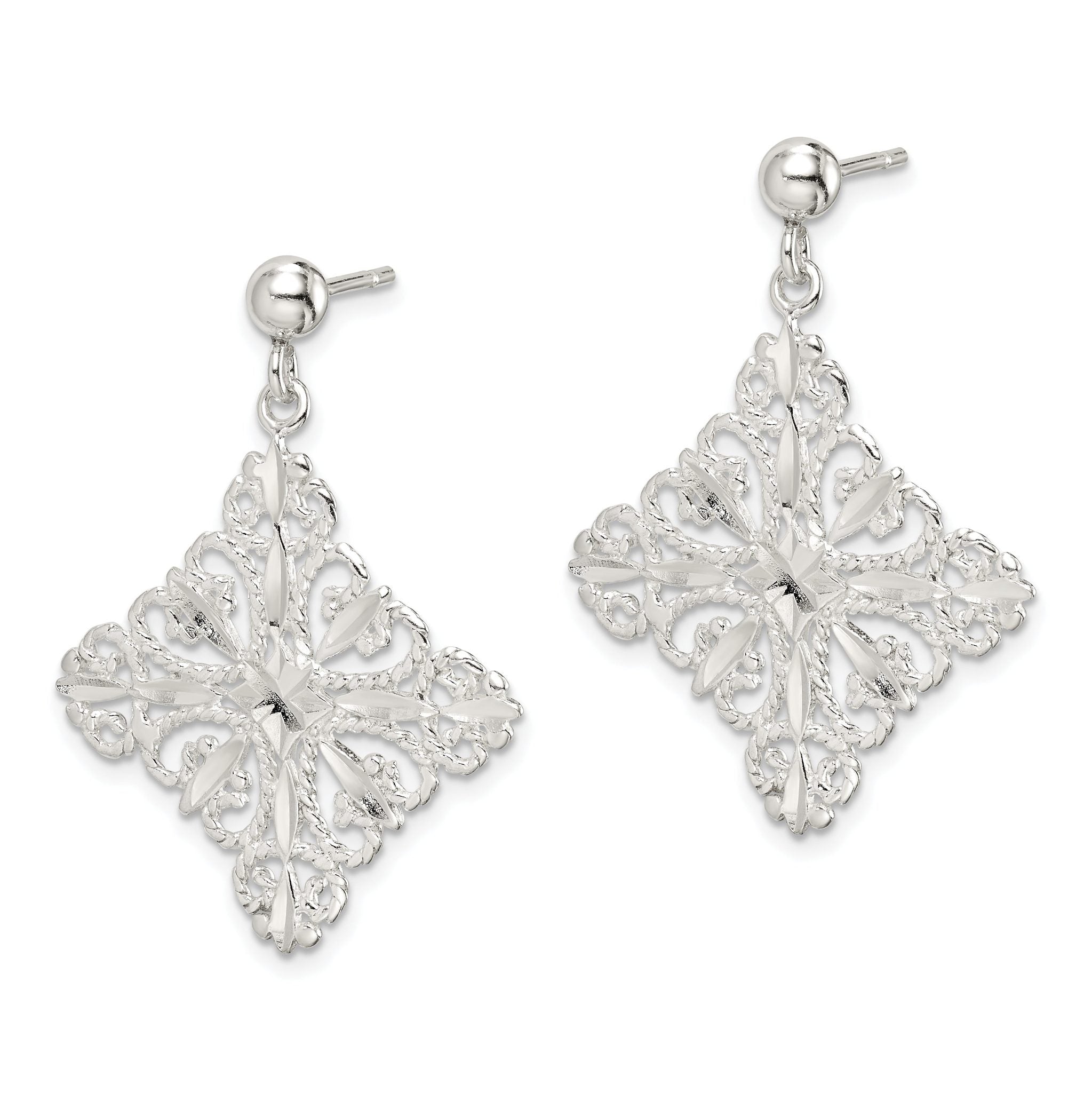 Sterling Silver Polished & Diamond-cut Filigree Square Post Dangle Earrings Secondary image