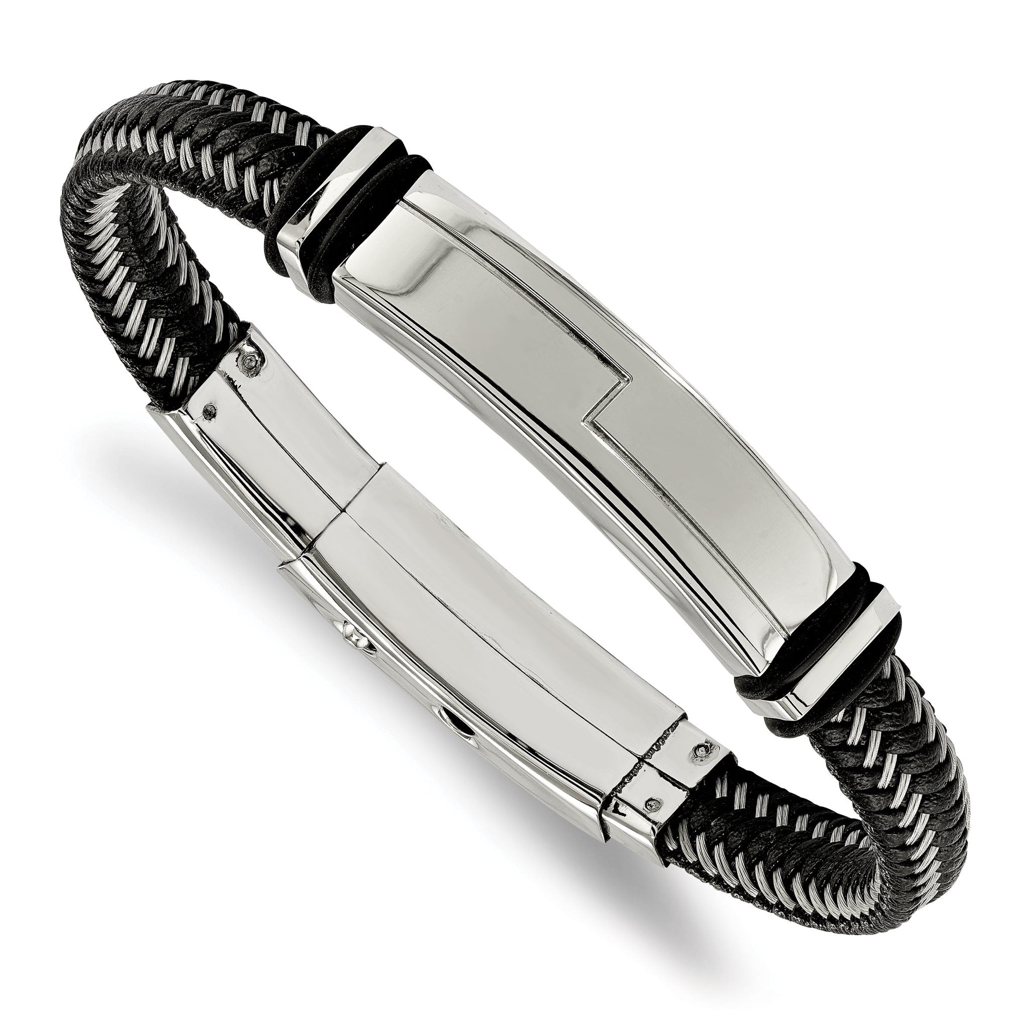 Stainless Steel Polished Braided Wire and Black Leather with Rubber Adjustable 8.25 to ID Bracelet for Men Main image