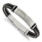 Stainless Steel Polished Braided Wire and Black Leather with Rubber Adjustable 8.25 to ID Bracelet for Men