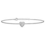 Cheryl M Sterling Silver Rhodium-plated Polished Pave CZ Heart 9.5 Inch with 1 Inch Extension Anklet