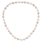 Sterling Silver Rhodium-plated 6-7mm White, Pink and Purple Semi-Round Freshwater Cultured Pearl 18 inch Necklace, 7.25 inch Bracelet and 3-piece Button Post Earrings Set