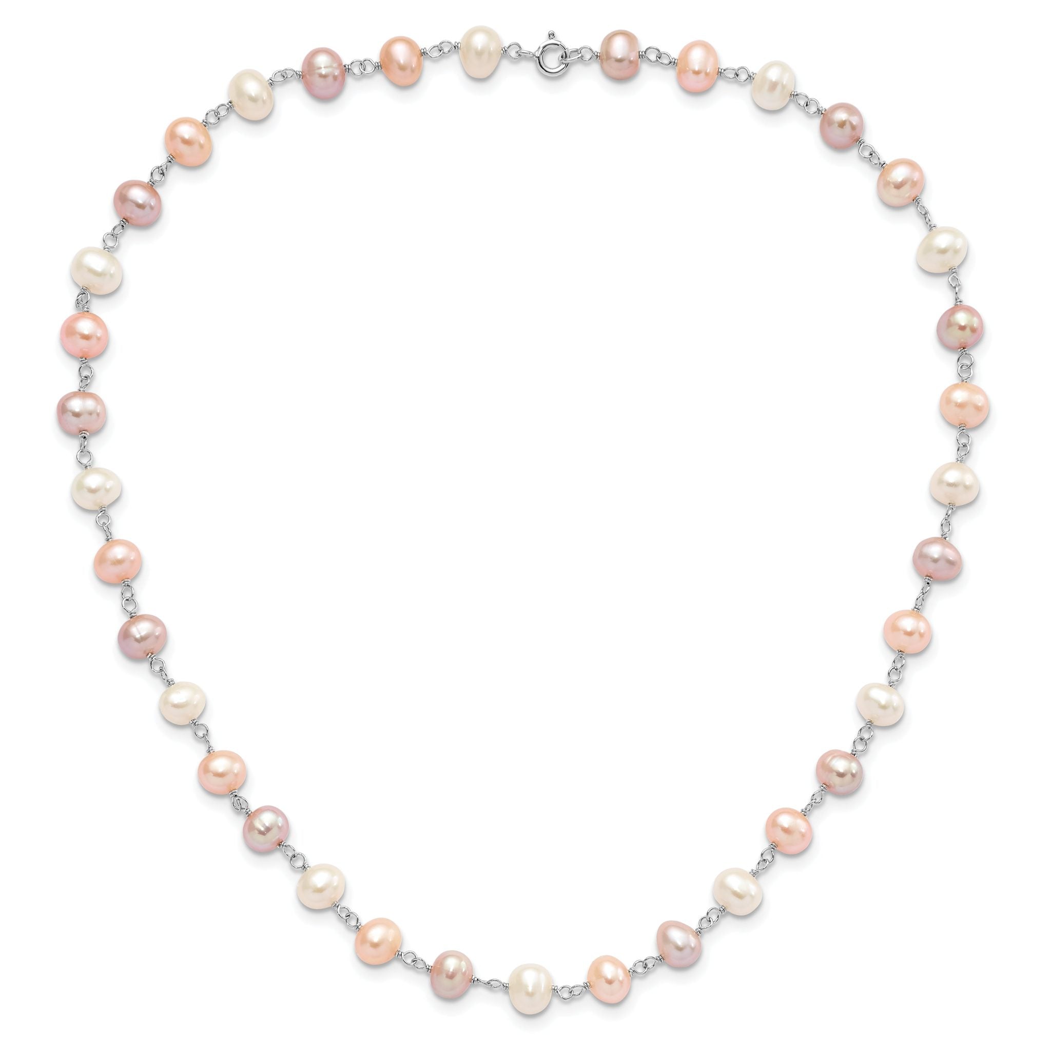 Sterling Silver Rhodium-plated 6-7mm White, Pink and Purple Semi-Round Freshwater Cultured Pearl 18 inch Necklace, 7.25 inch Bracelet and 3-piece Button Post Earrings Set