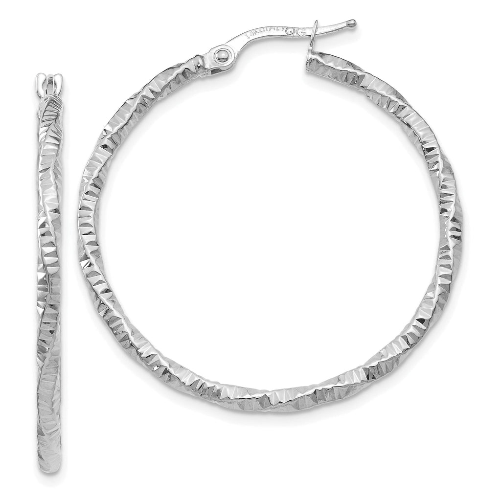 14K White Gold Polished and Textured Hoop Earrings