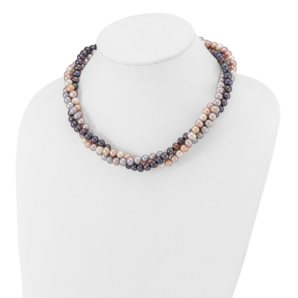 14k White Gold 6-7mm Pink/Gray/Black Near-Round Freshwater Cultured Pearl 3-Strand 18 inch Necklace