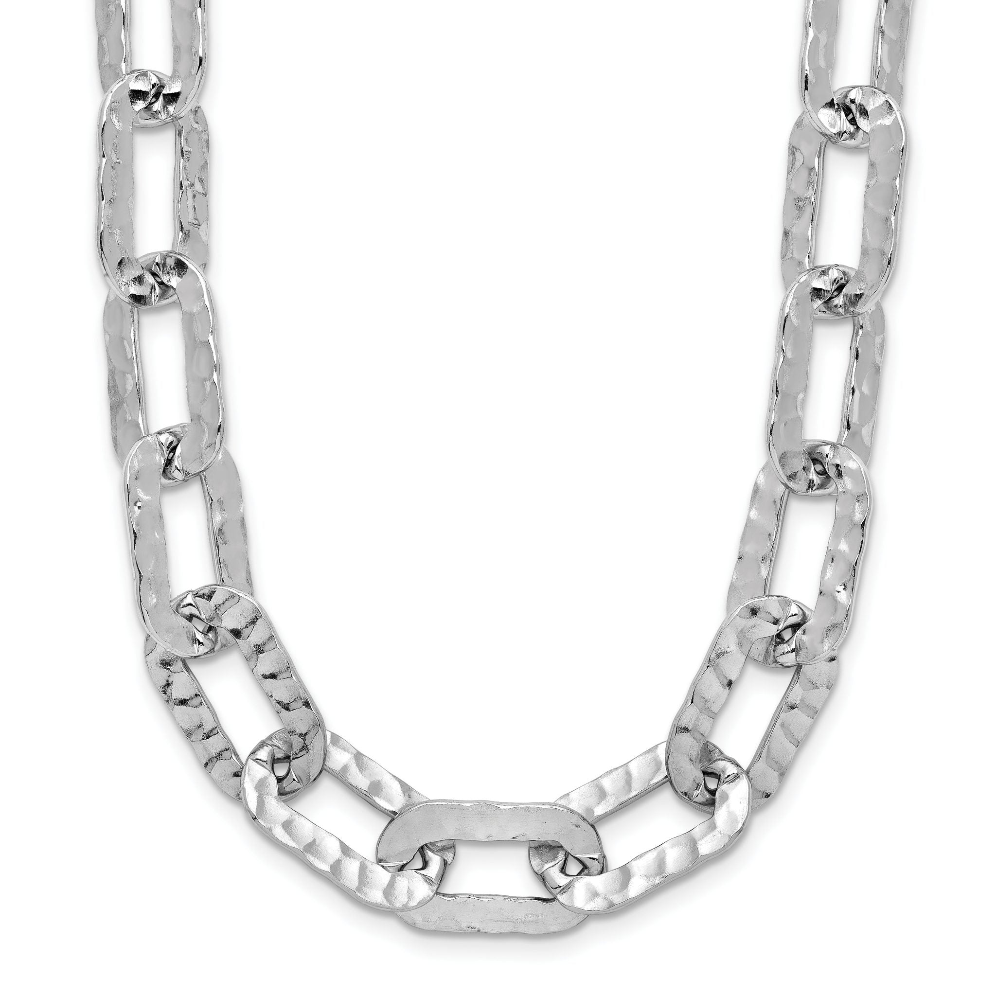 Sterling Silver Rh-plat Polish/Hammered Fancy w/2in ext. Necklace