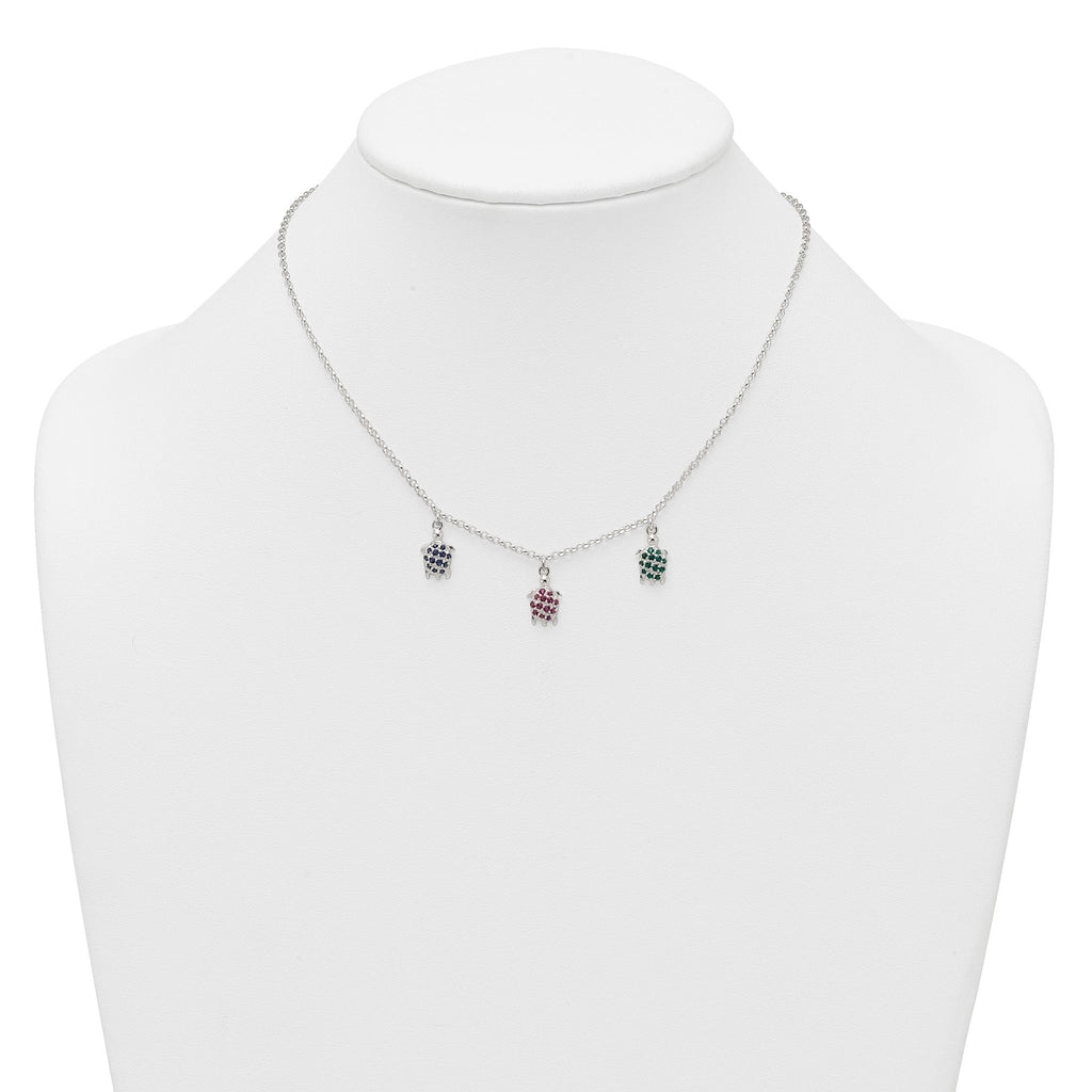 Sterling Silver Polished Green/Red/Blue Nano Crystal Turtles 16 inch Necklace