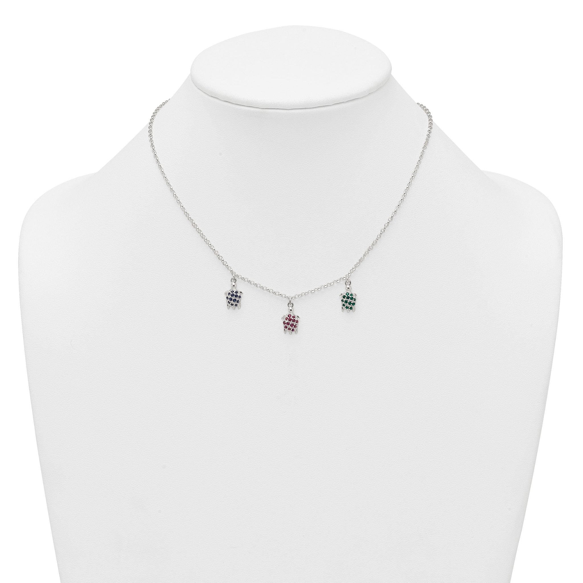 Sterling Silver Polished Green/Red/Blue Nano Crystal Turtles 16 inch Necklace