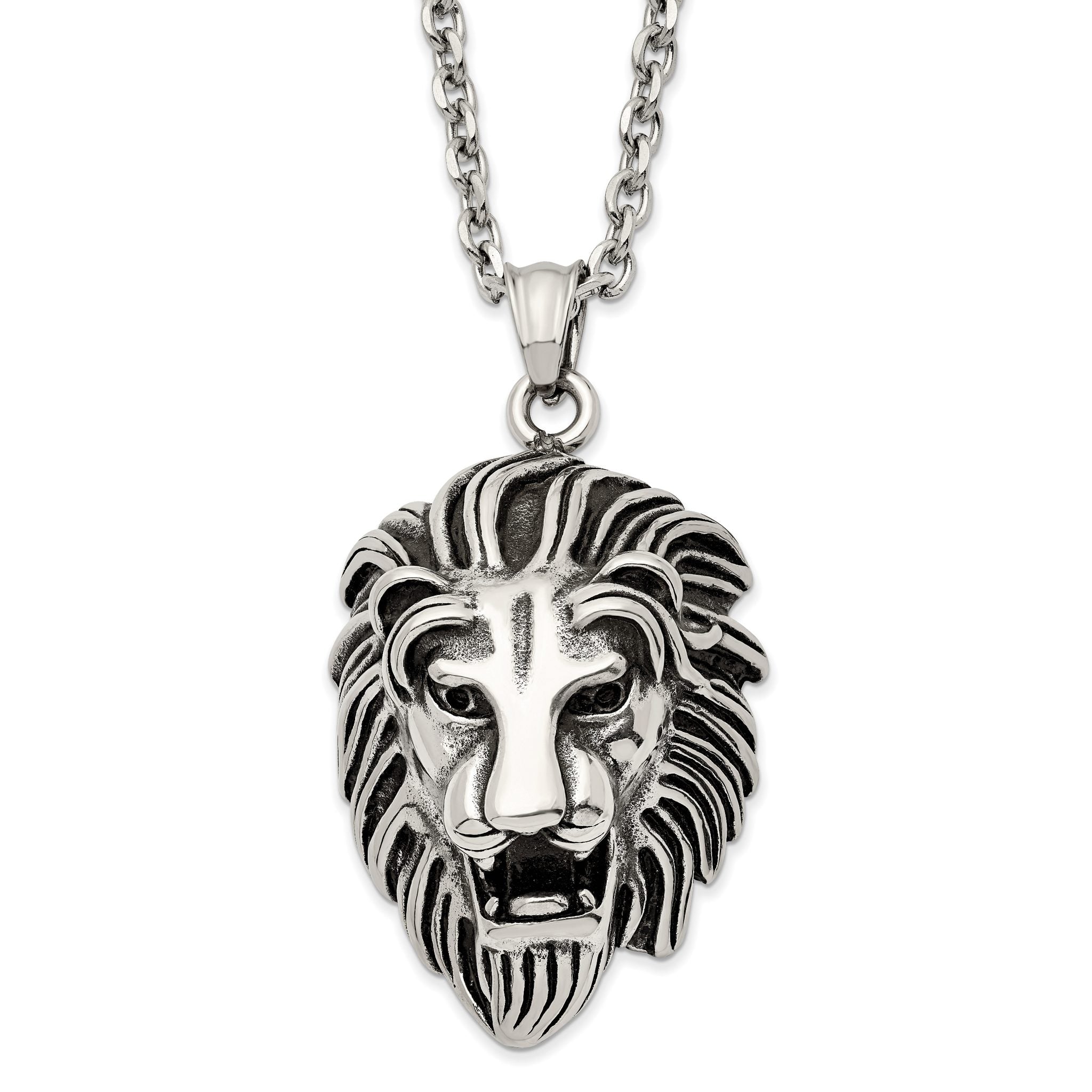 Chisel Stainless Steel Antiqued and Polished Large Lion's Head Pendant on a 24 inch Curb Chain Necklace Main image