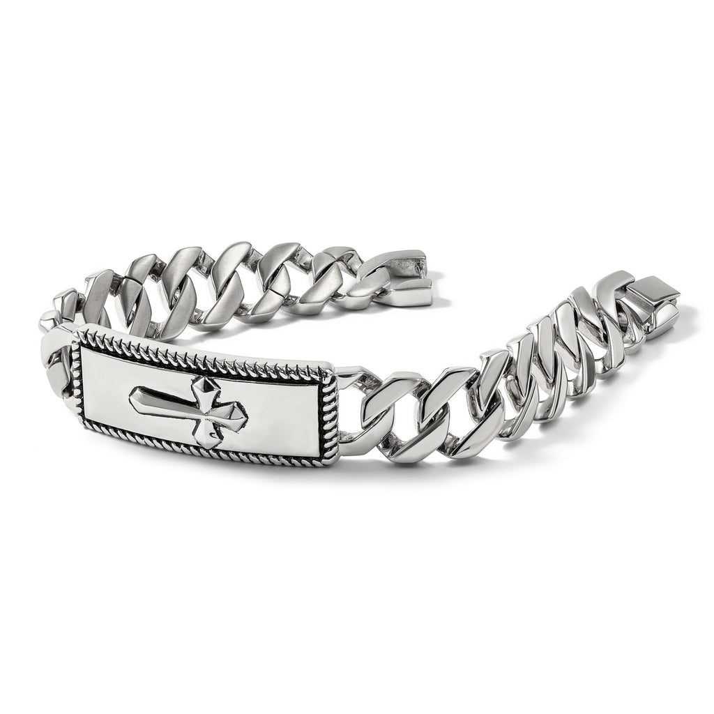 Stainless Steel Antiqued Polished and Textured Cross ID Bracelet for Men