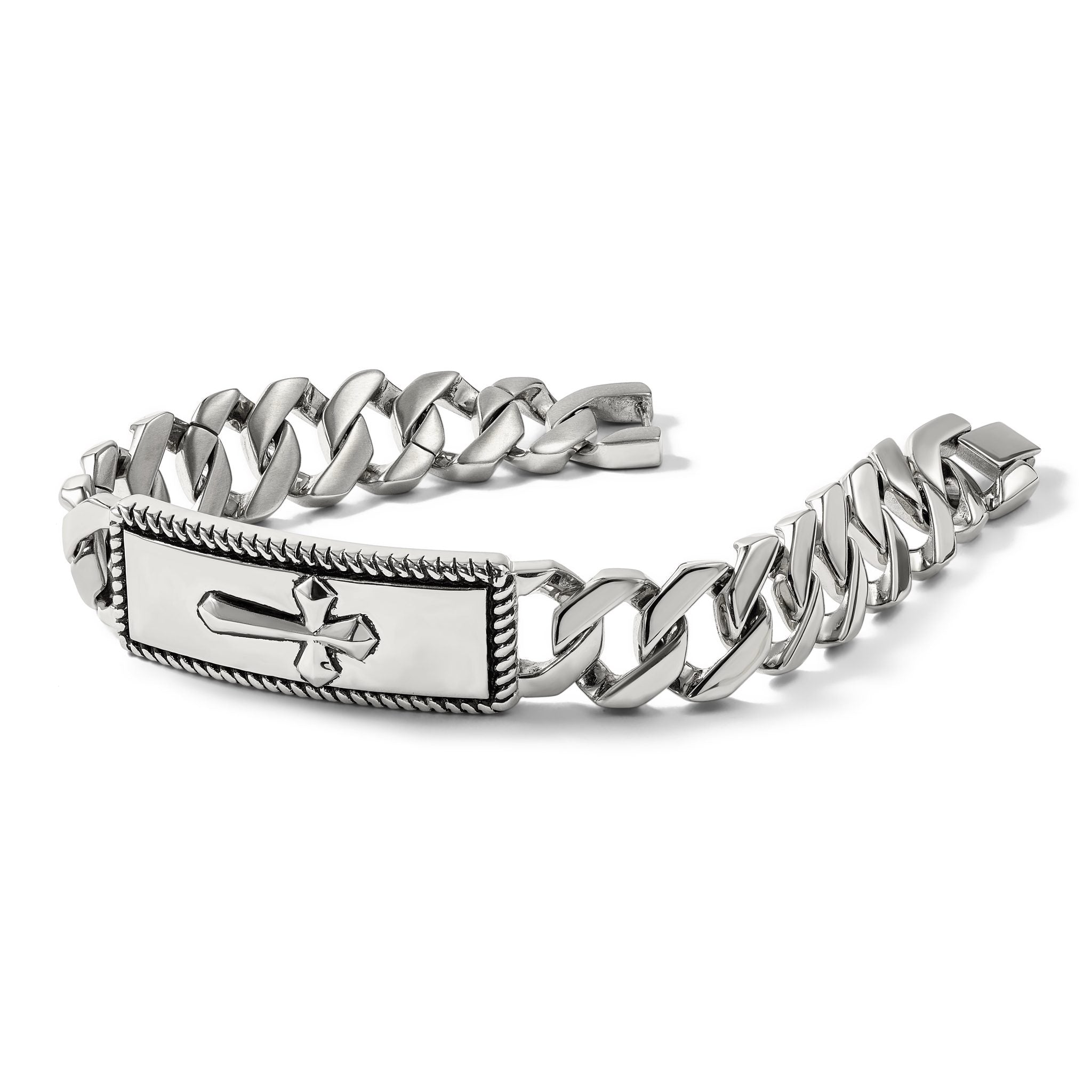 Stainless Steel Antiqued Polished and Textured Cross ID Bracelet for Men