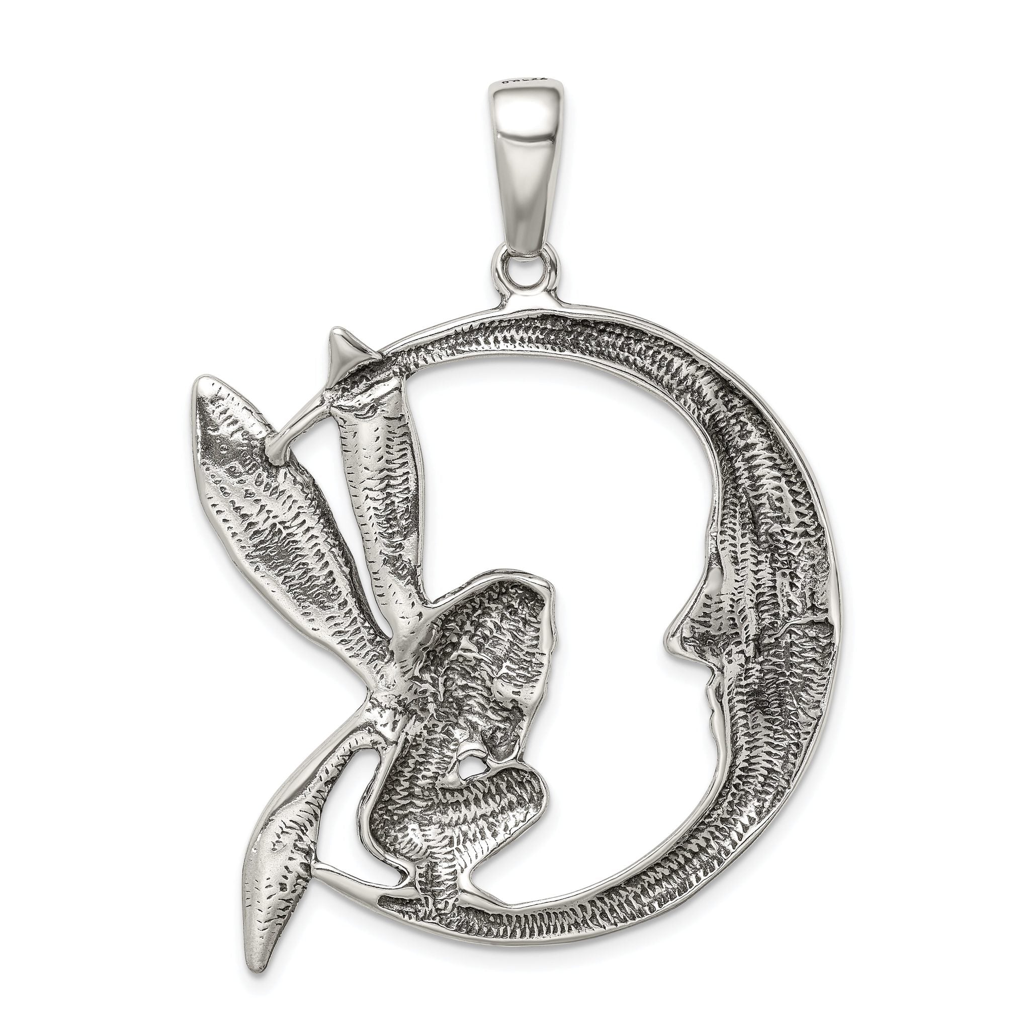 Vintage Inspired Sterling Silver Moon Fairy Pendant with Antiqued Finish