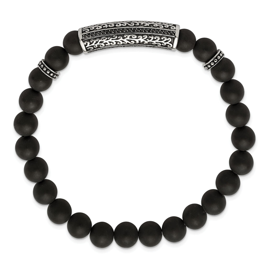 Stainless Steel Antiqued and Polished with Black Cubic Zirconia 8.5mm Agate Beaded Stretch Bracelet