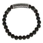 Stainless Steel Antiqued and Polished with Black Cubic Zirconia 8.5mm Agate Beaded Stretch Bracelet
