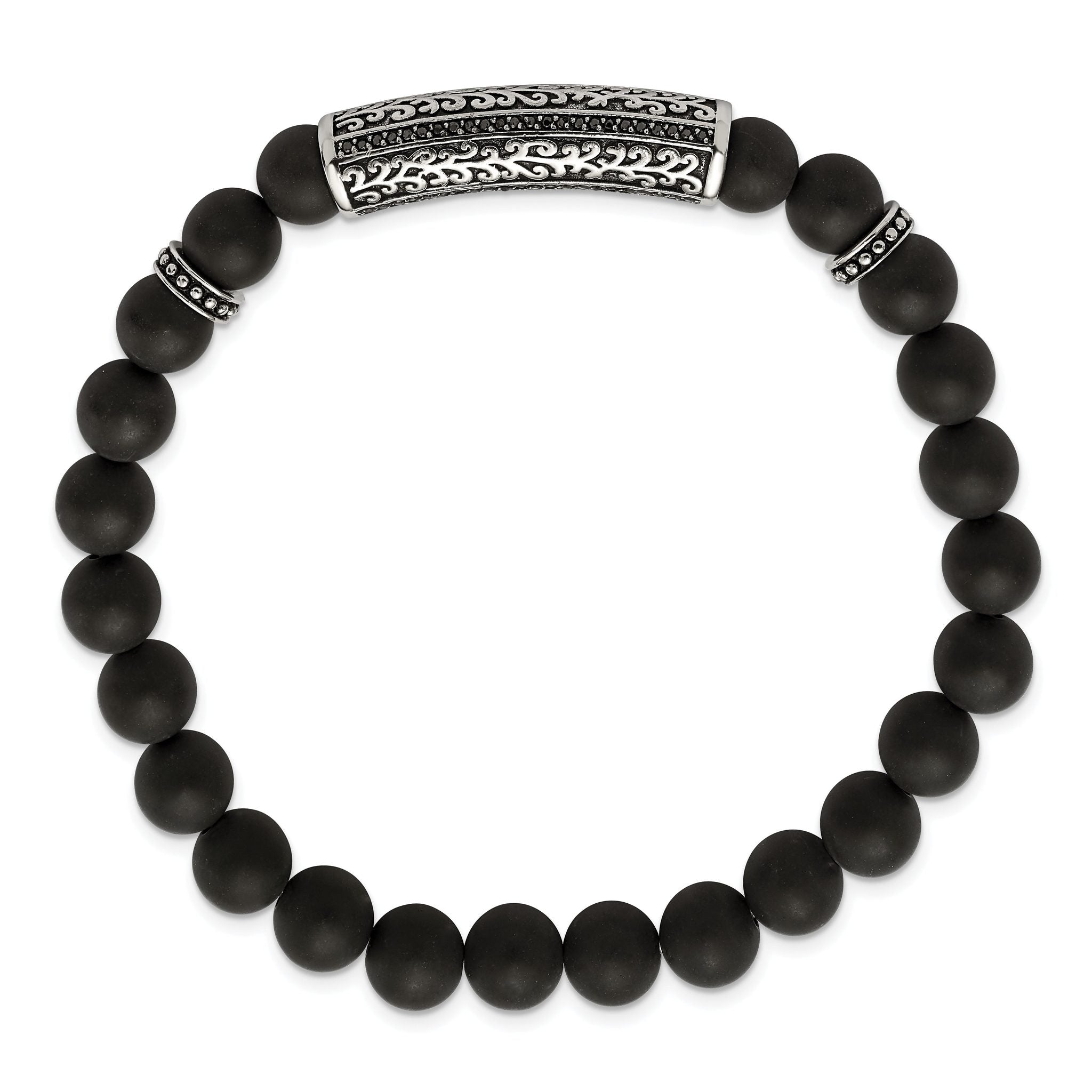 Stainless Steel Antiqued and Polished with Black Cubic Zirconia 8.5mm Agate Beaded Stretch Bracelet
