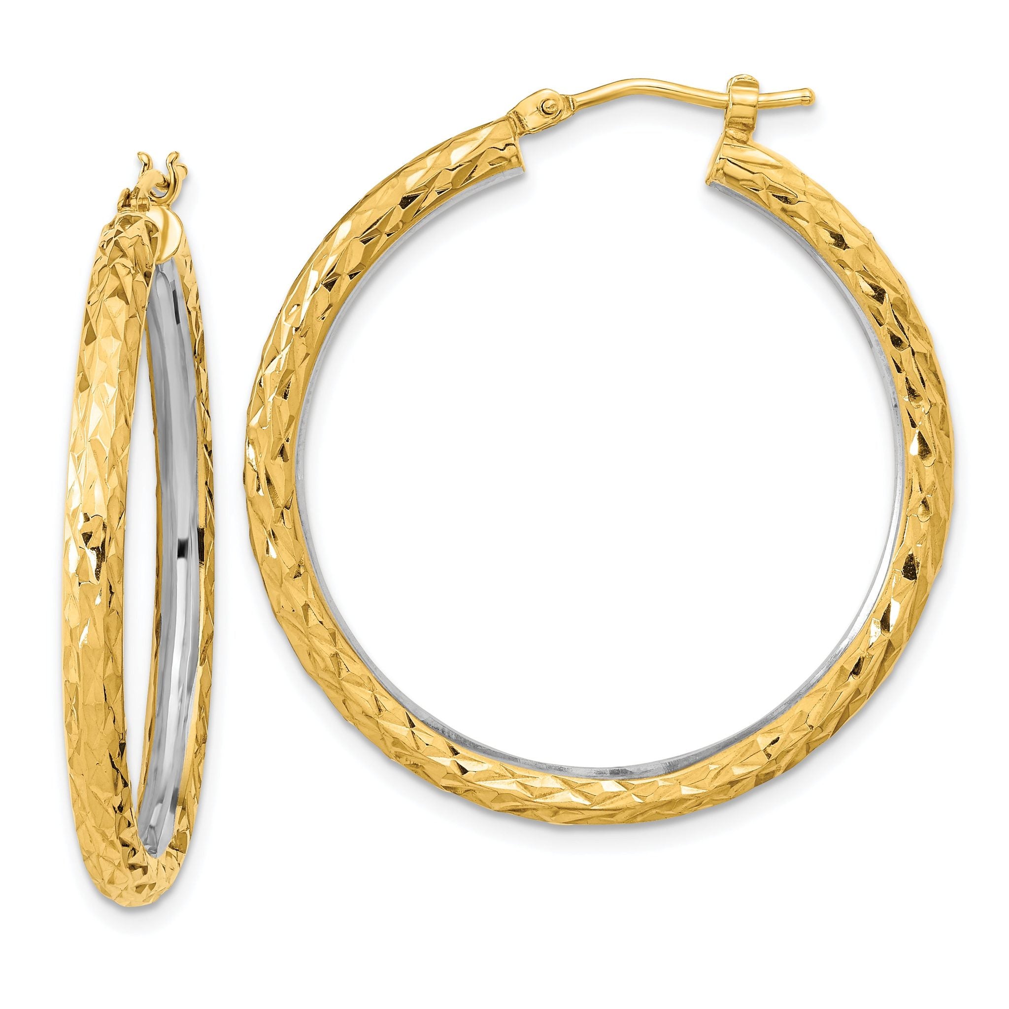 14k White Rhodium Polished Diamond-cut 3mm Circle Hoop Earrings Main image