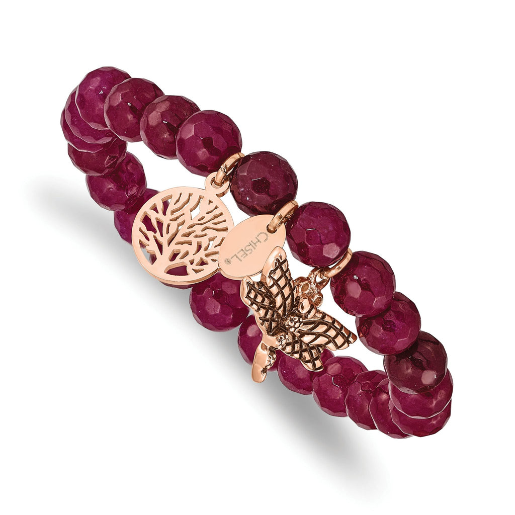 Stainless Steel Antiqued and Polished Rose IP-plated Dragonfly and Tree of Life 8mm Pink Dyed Jade Beaded Stretch Bracelet for Women