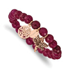 Stainless Steel Antiqued and Polished Rose IP-plated Dragonfly and Tree of Life 8mm Pink Dyed Jade Beaded Stretch Bracelet for Women