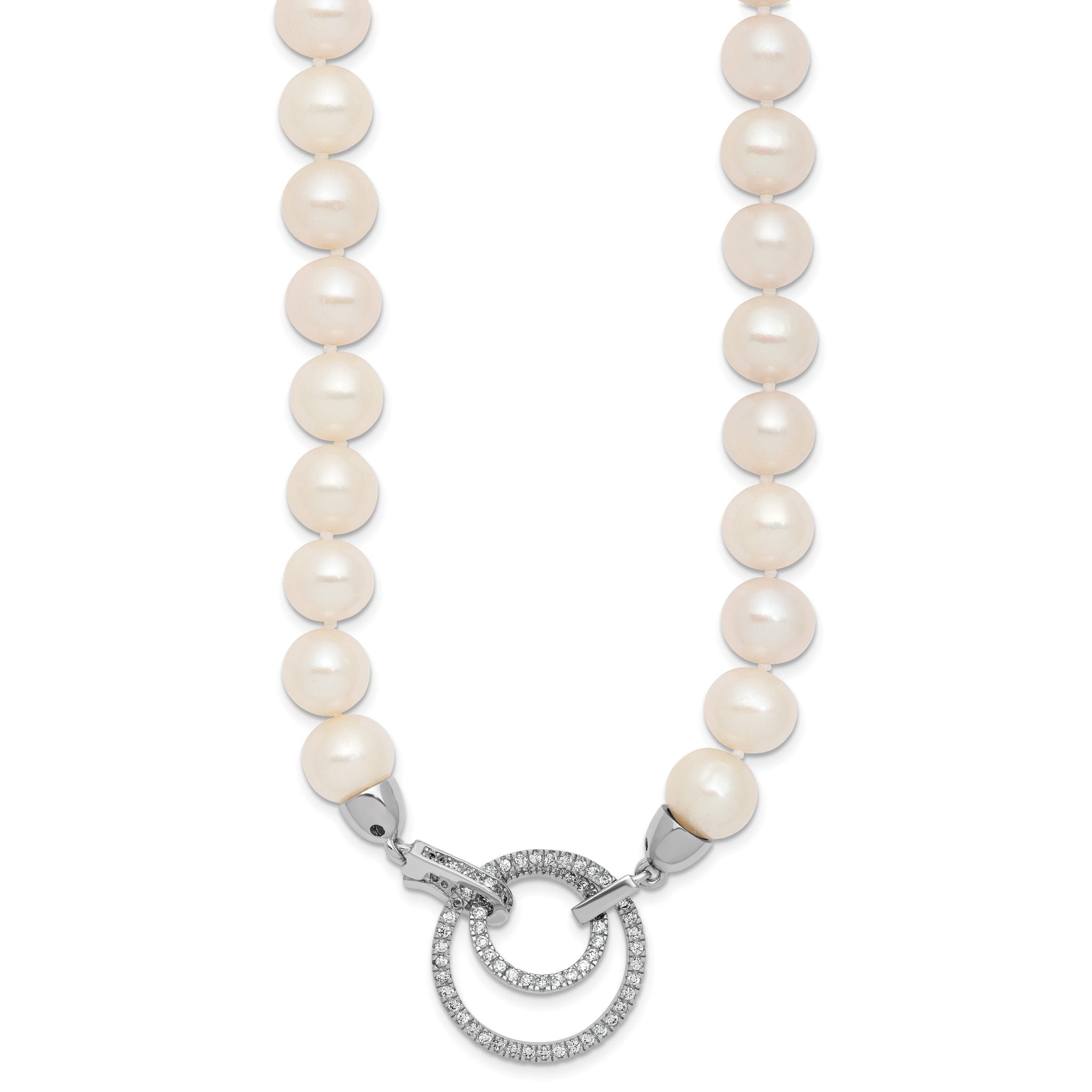 Sterling Silver Rhodium-plated 10-11mm White Near-Round Freshwater Cultured Pearl and CZ Clasp Adjustable 19.5 inch Necklace