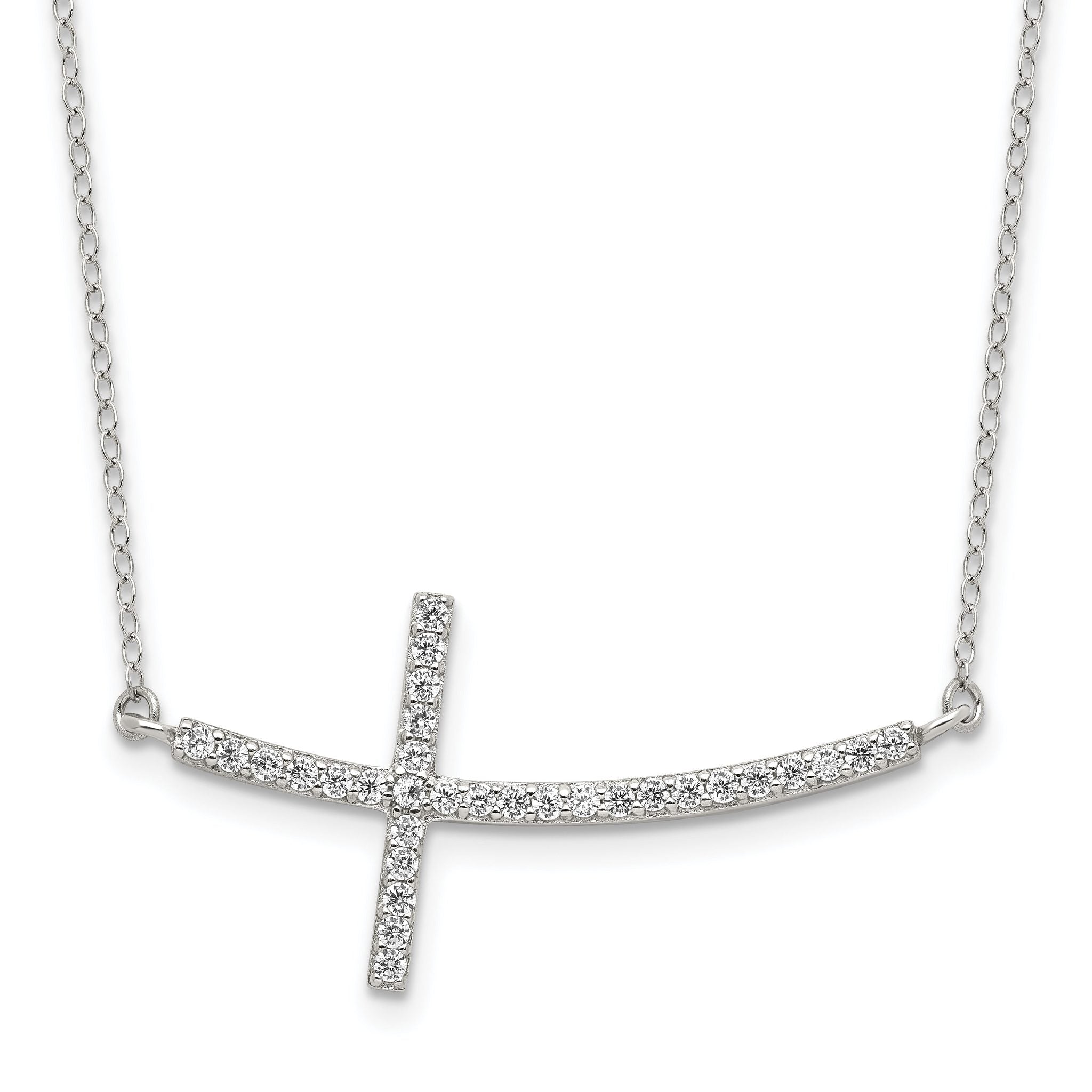 Sterling Silver Rhodium-plated CZ Sideways Cross With 2in Ext Necklace Main image