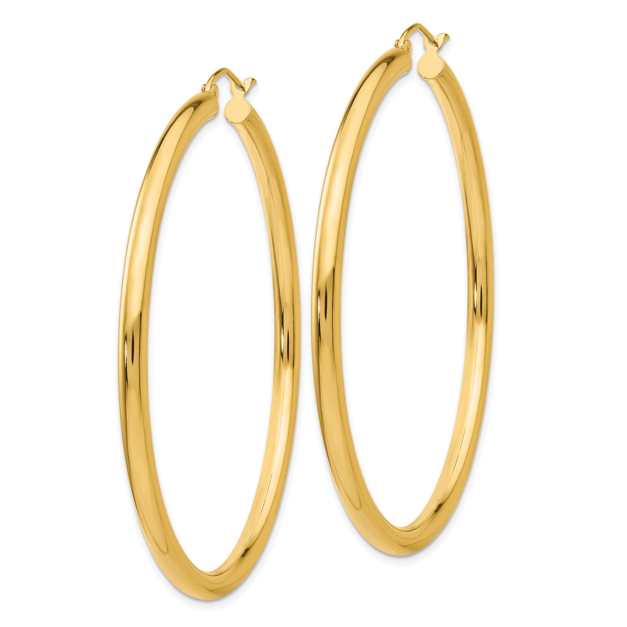 10K Gold Polished Hoop Earrings 3mm Tube with Wire Clasp Elegant 50mm