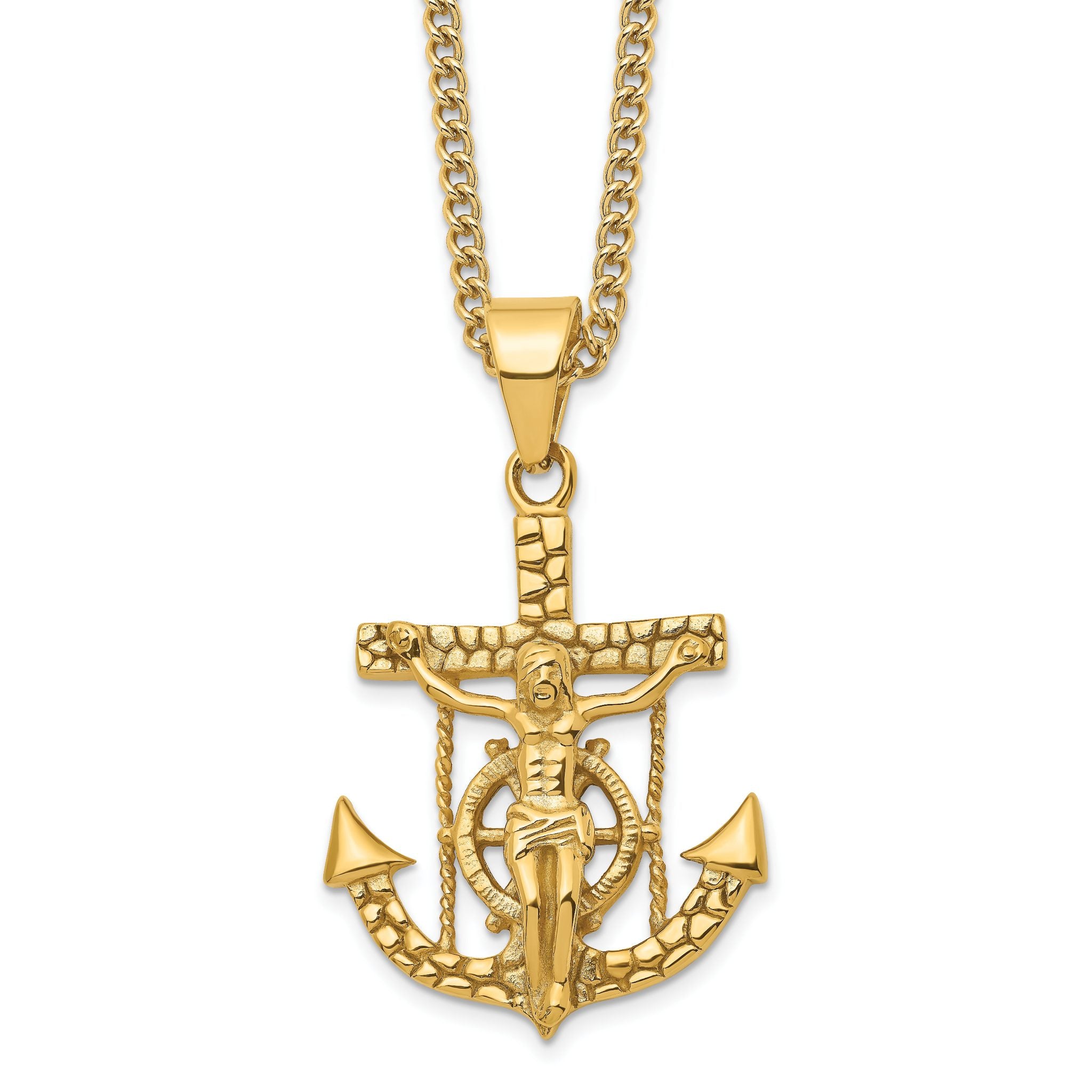 Chisel Stainless Steel Polished and Textured Yellow IP-plated Mariner's Cross Pendant on a 24 inch Curb Chain Necklace Main image