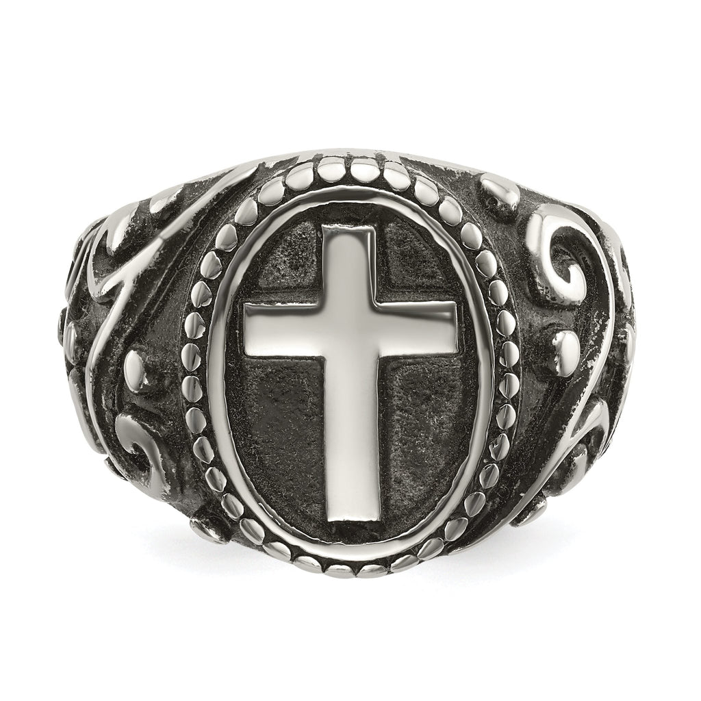 chisel Stainless Steel Antiqued and Polished Cross Ring