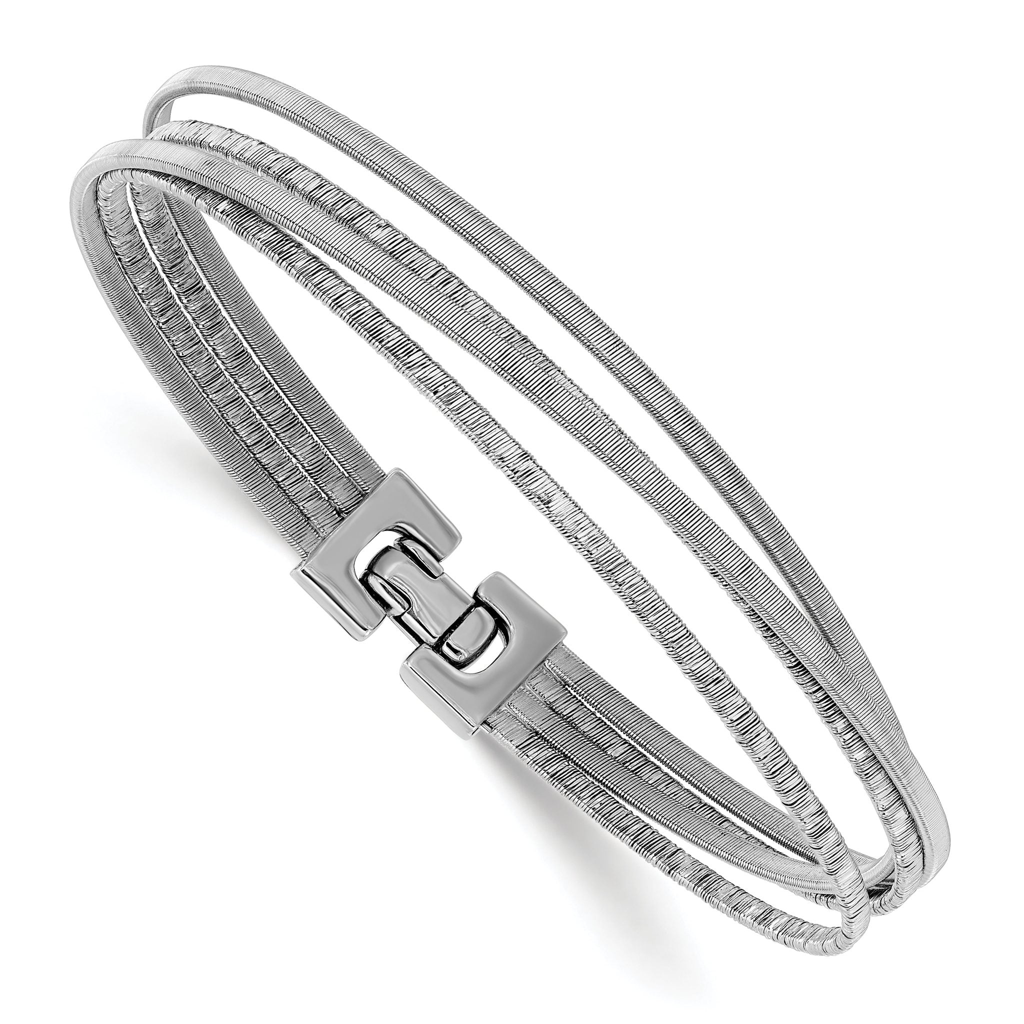 Sterling Silver Rhodium-plated Polished/Brushed Buckle Bangle