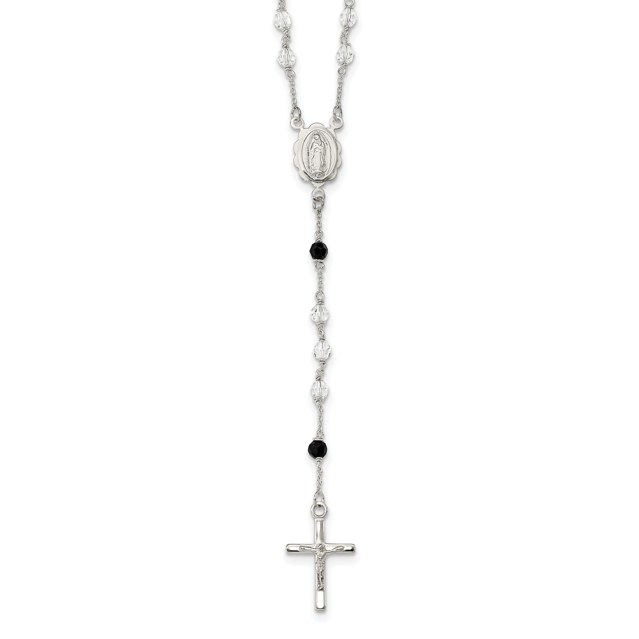 Sophia Jewelers Sterling Silver Rosary Necklace with Black Crystals Elegant & Timeless