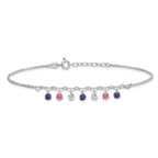 Sterling Silver Multicolor CZ and Hearts 9 inch Plus 1 inch Extender - Total 10 inch Anklet