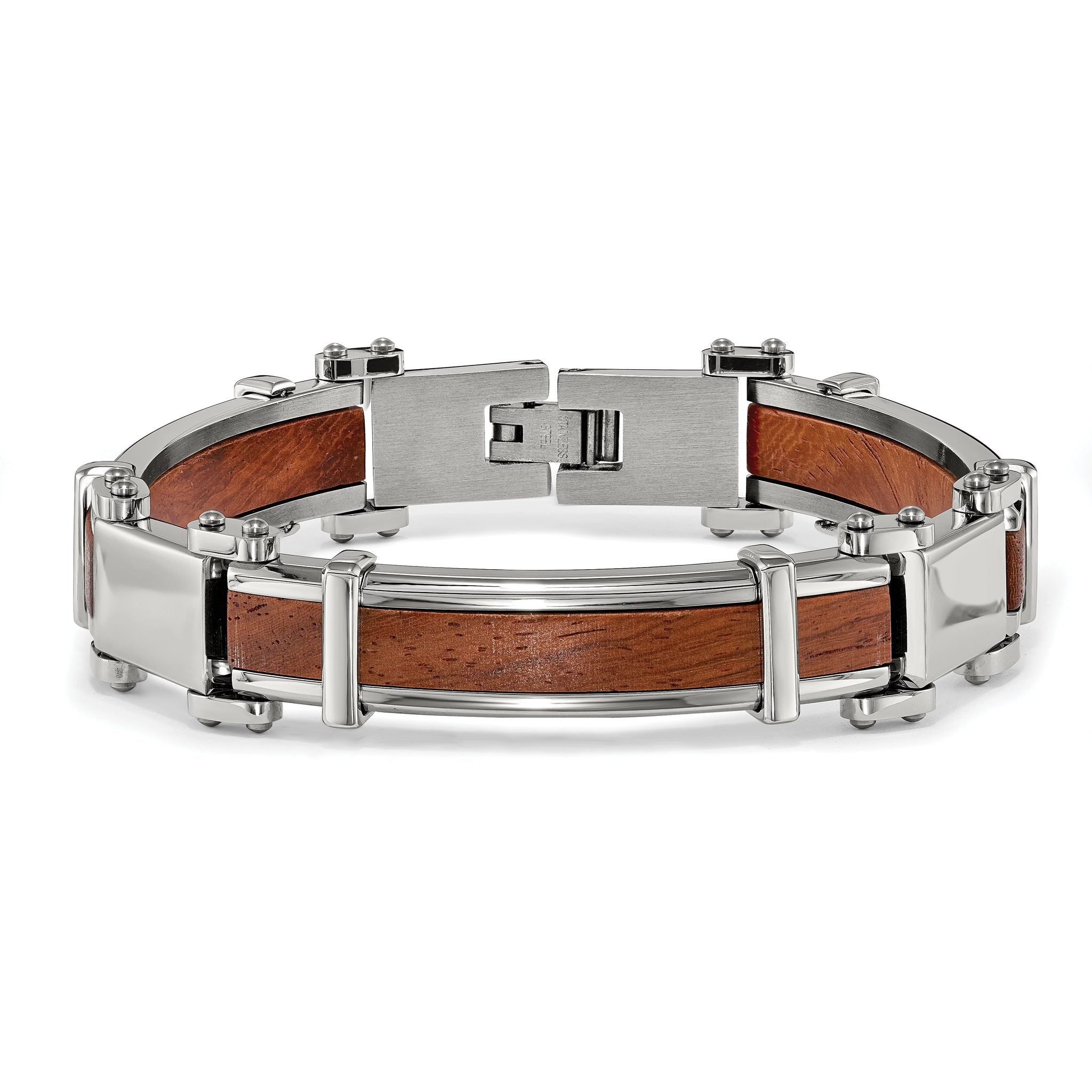 Stainless Steel Polished with Wood Inlay Link Bracelet for Men
