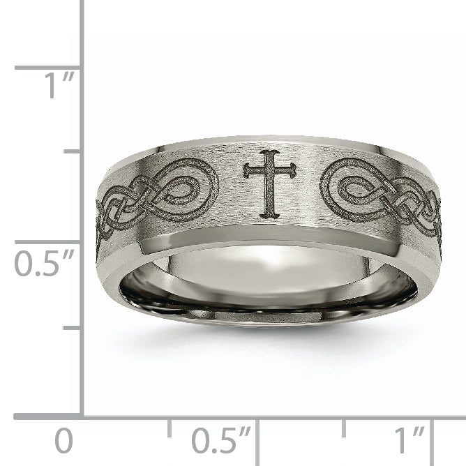 Titanium Wedding Band with Cross Laser Design and Polished Finish