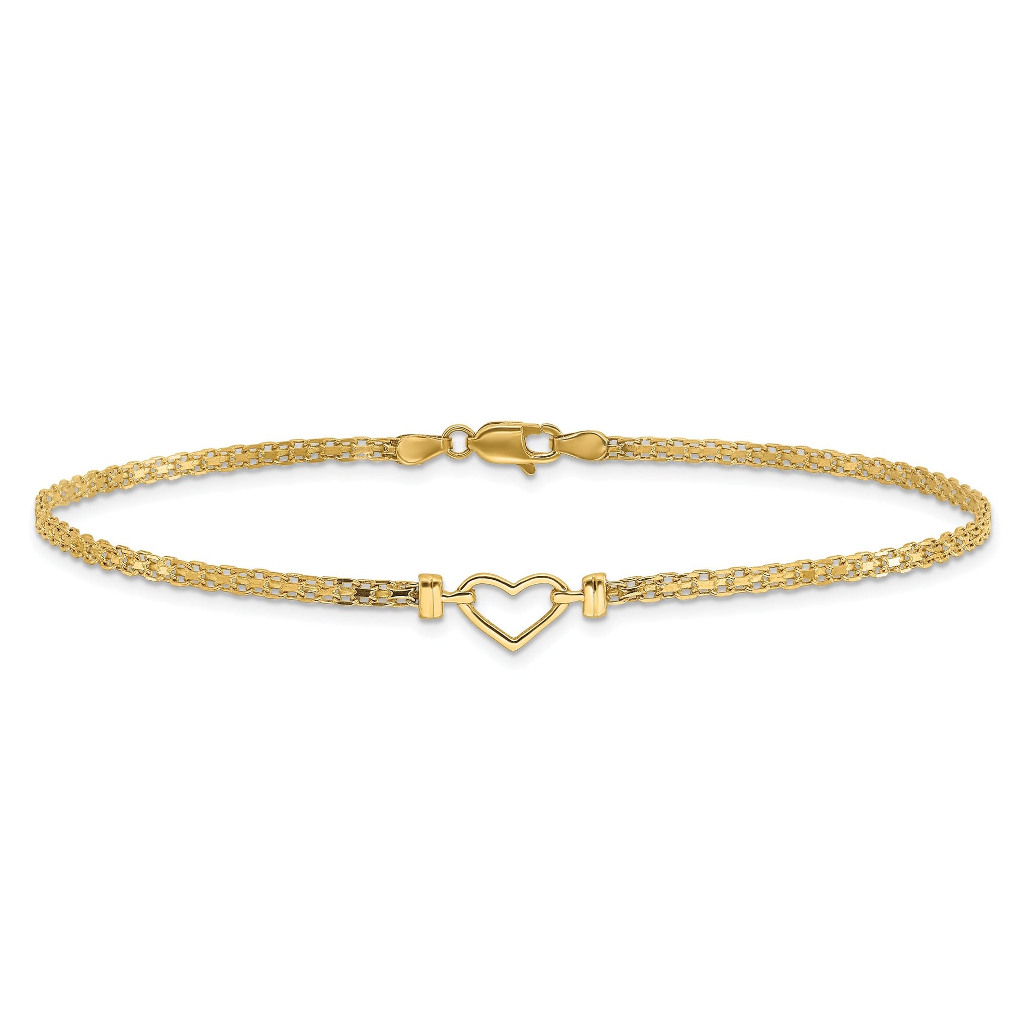 14k Polished Open Heart and Bismark Chain 9 inch Anklet Main image