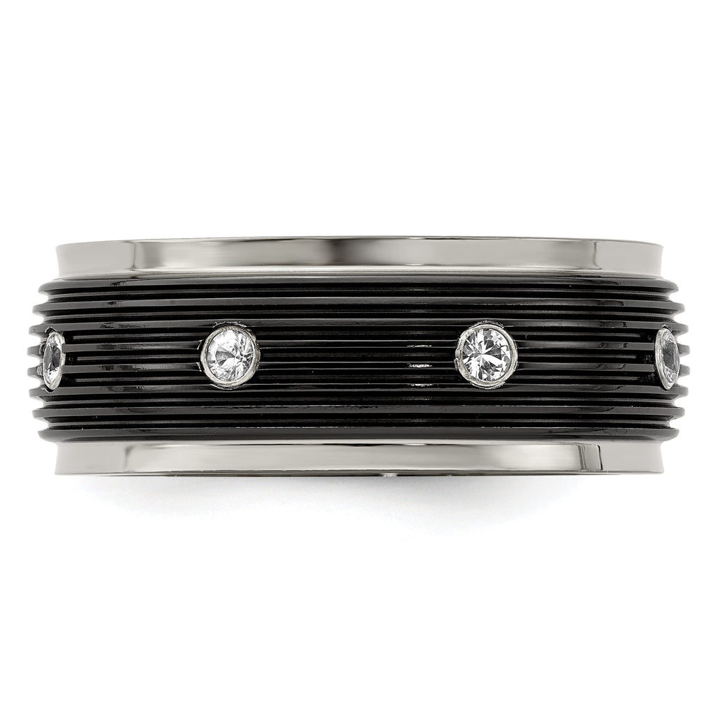 White Sapphire Grooved Wedding Band in Titanium, 9mm