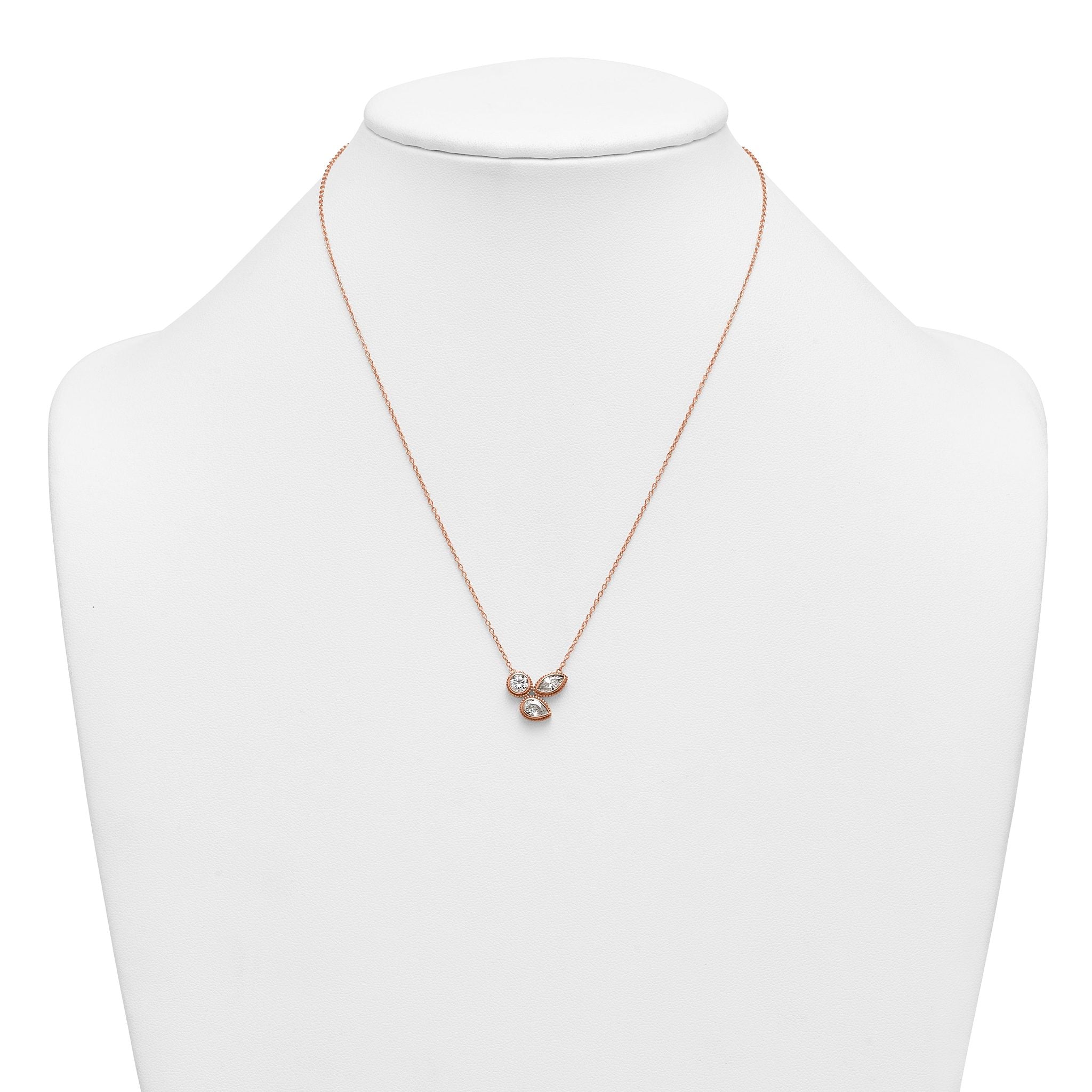 14k Rose Gold 1 carat Lab Grown Diamond VS+ F+ Complete 18 inch Three Stone Fashion Necklace
