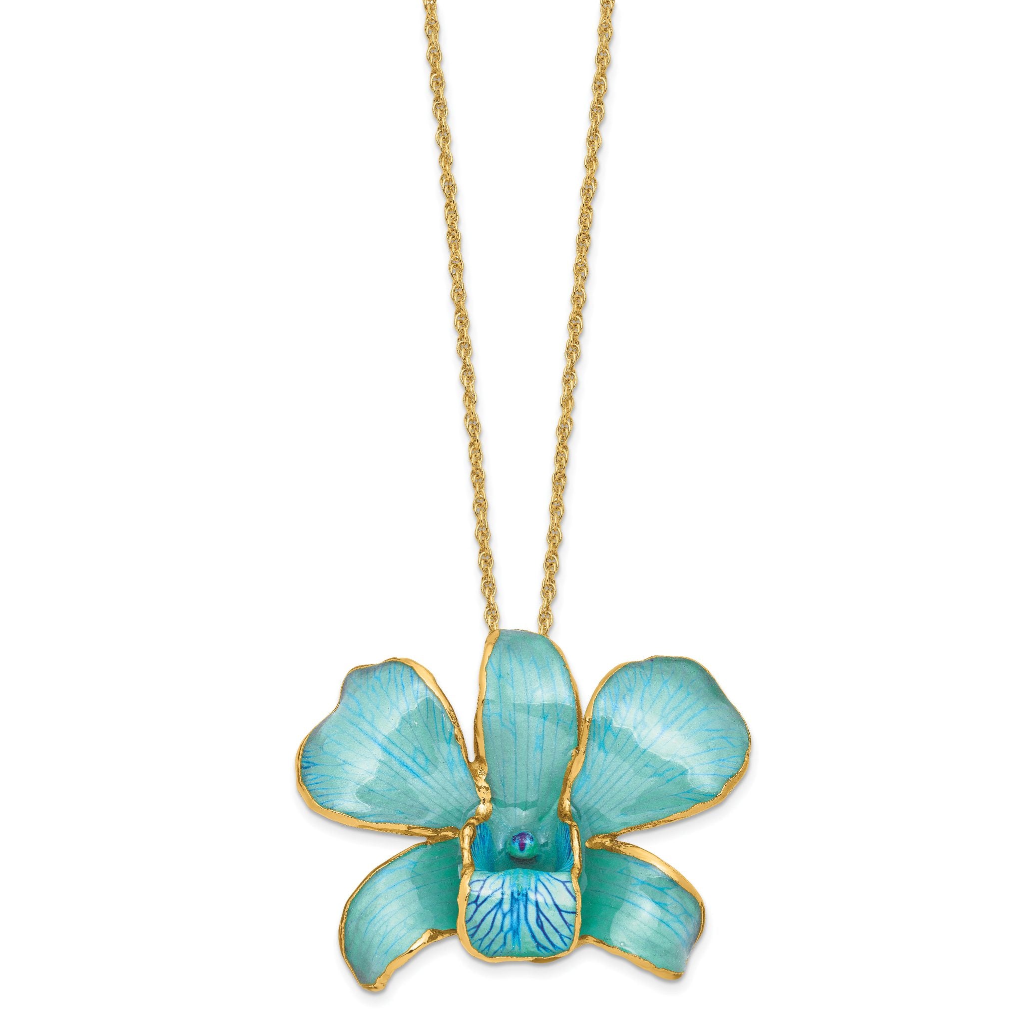 24K Gold-trim Lacquer Dipped Blue Real Dendrobium Orchid 20in Gold-tone Necklace Secondary image