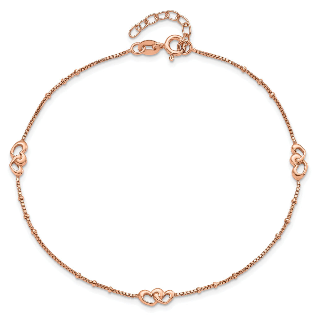 Sterling Silver Rose-tone Interlocked Hearts 9 inch Plus 1 inch Extender - Total 10 inch Anklet