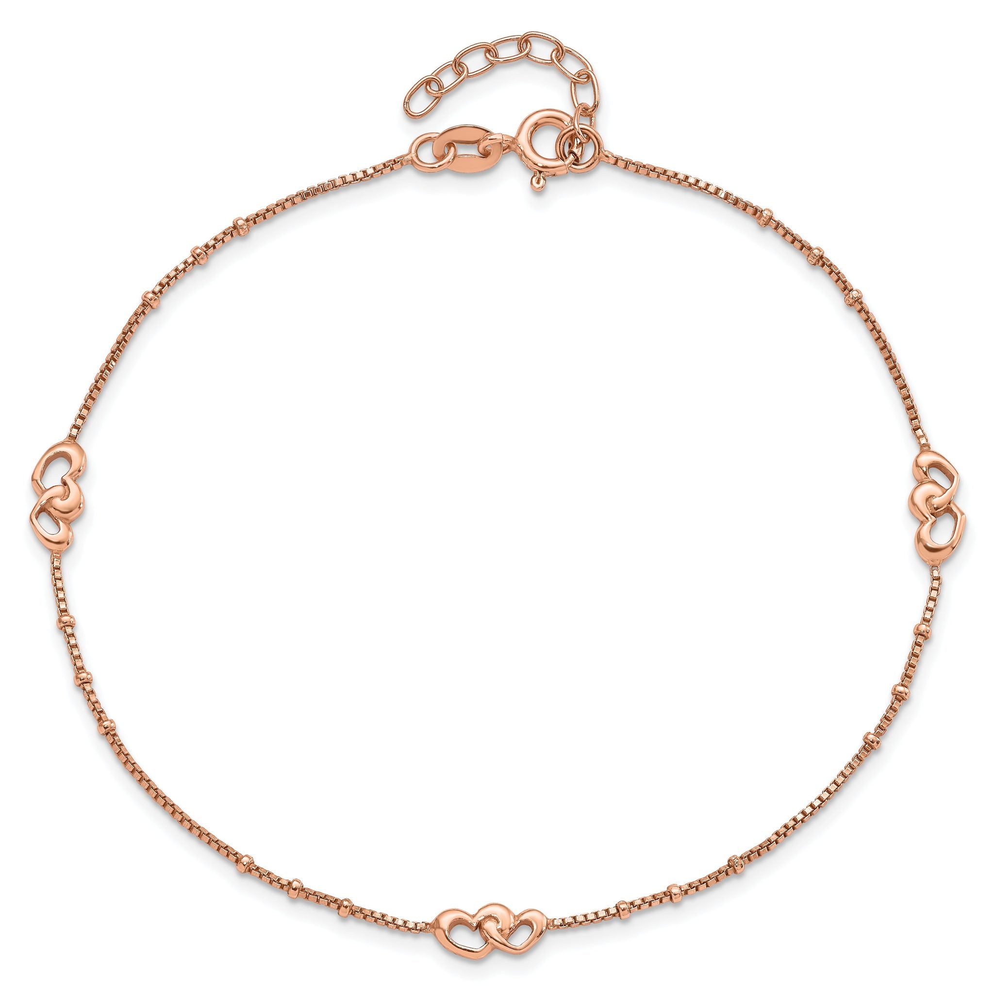 Sterling Silver Rose-tone Interlocked Hearts 9 inch Plus 1 inch Extender - Total 10 inch Anklet