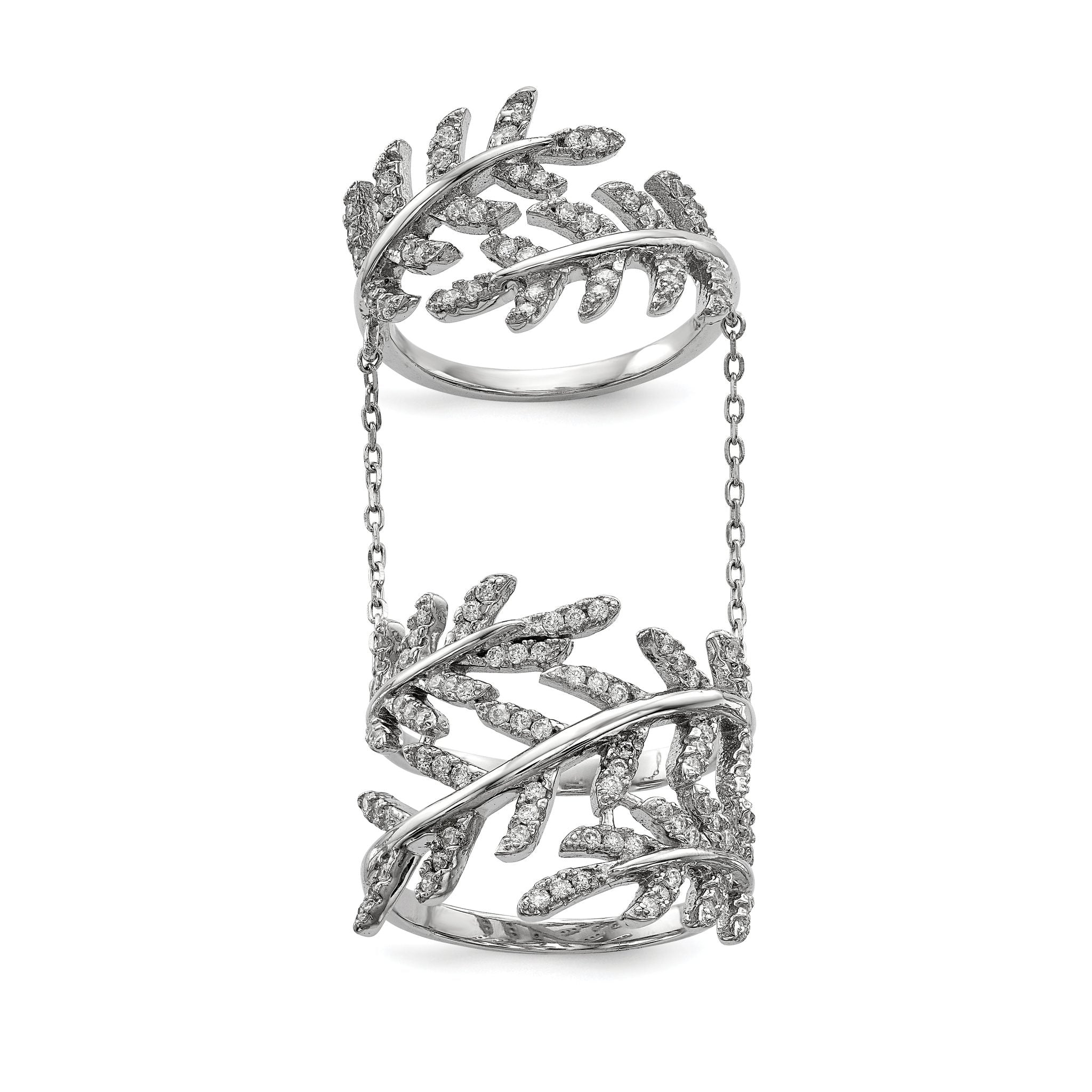 Sterling Silver Rhodium-Plated Cubic Zirconi Leaf with Extender Ring