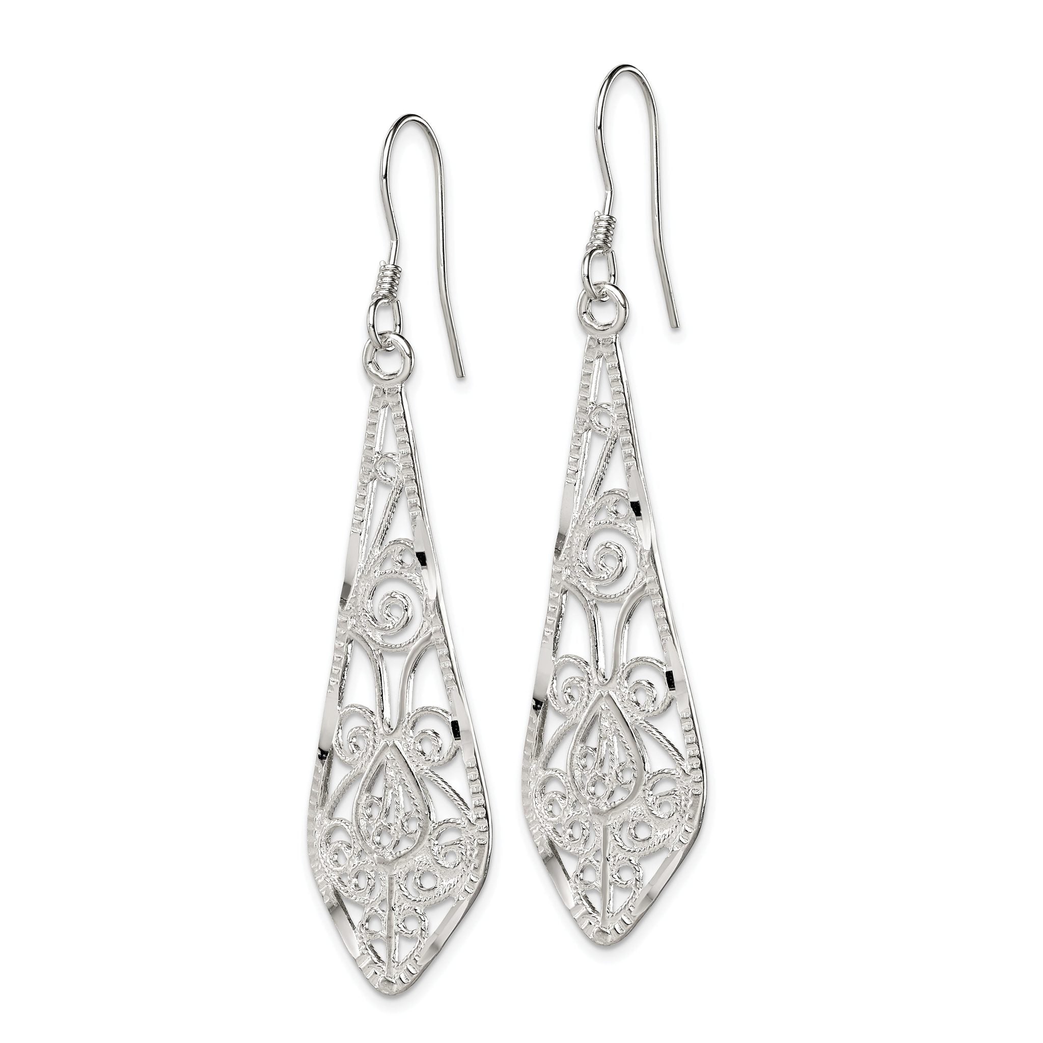 Sterling Silver Polished D/C Filigree Elongated Teardrop Dangle Earrings Secondary image