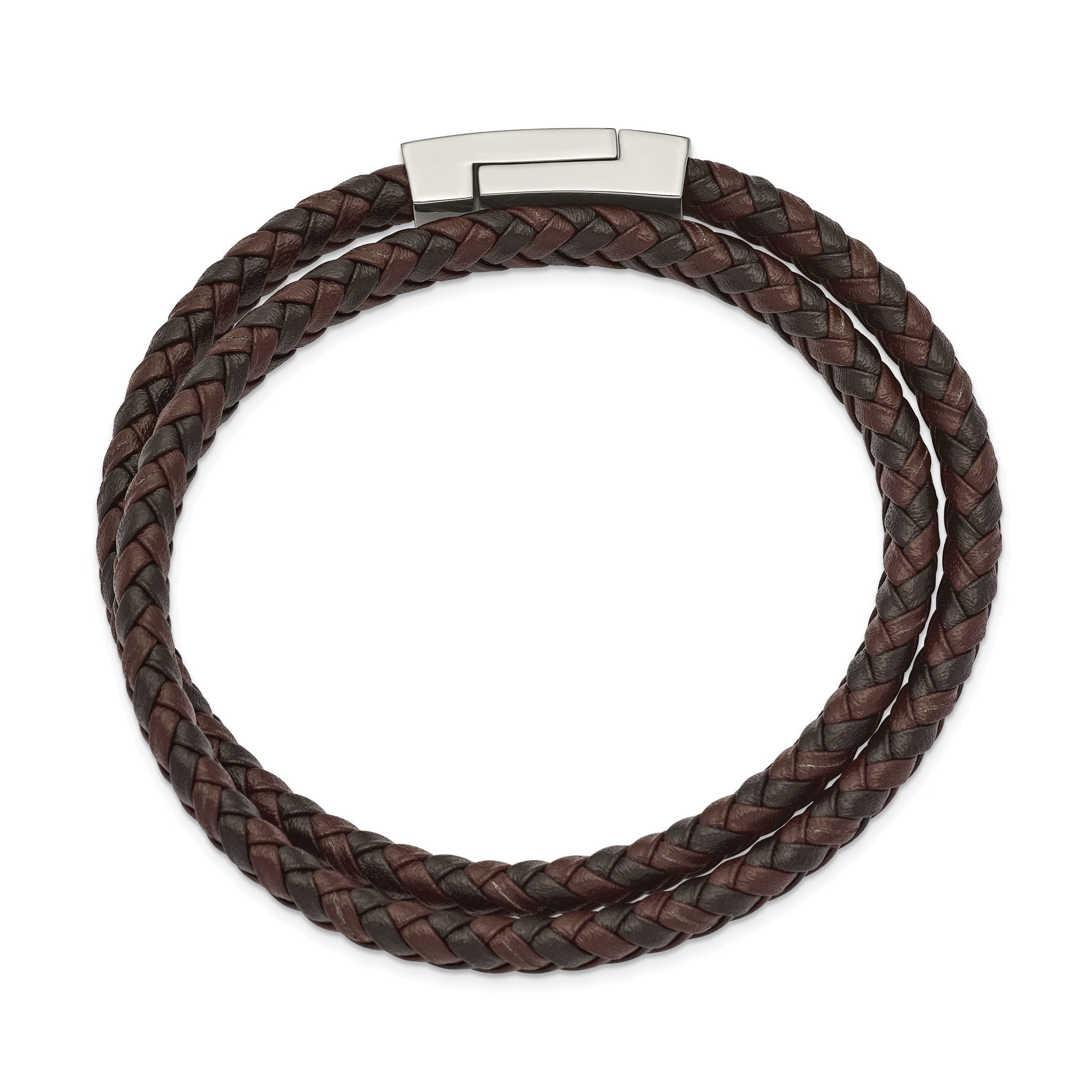 Stainless Steel Polished Black and Brown Braided Leather Wrap Bracelet for Men Secondary image