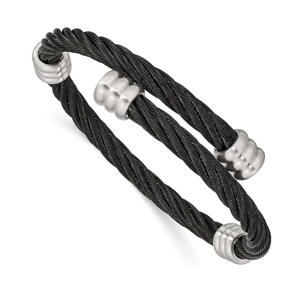 Stainless Steel Brushed and Polished Black IP-plated Wire Flexible Bangle Bracelet for Women