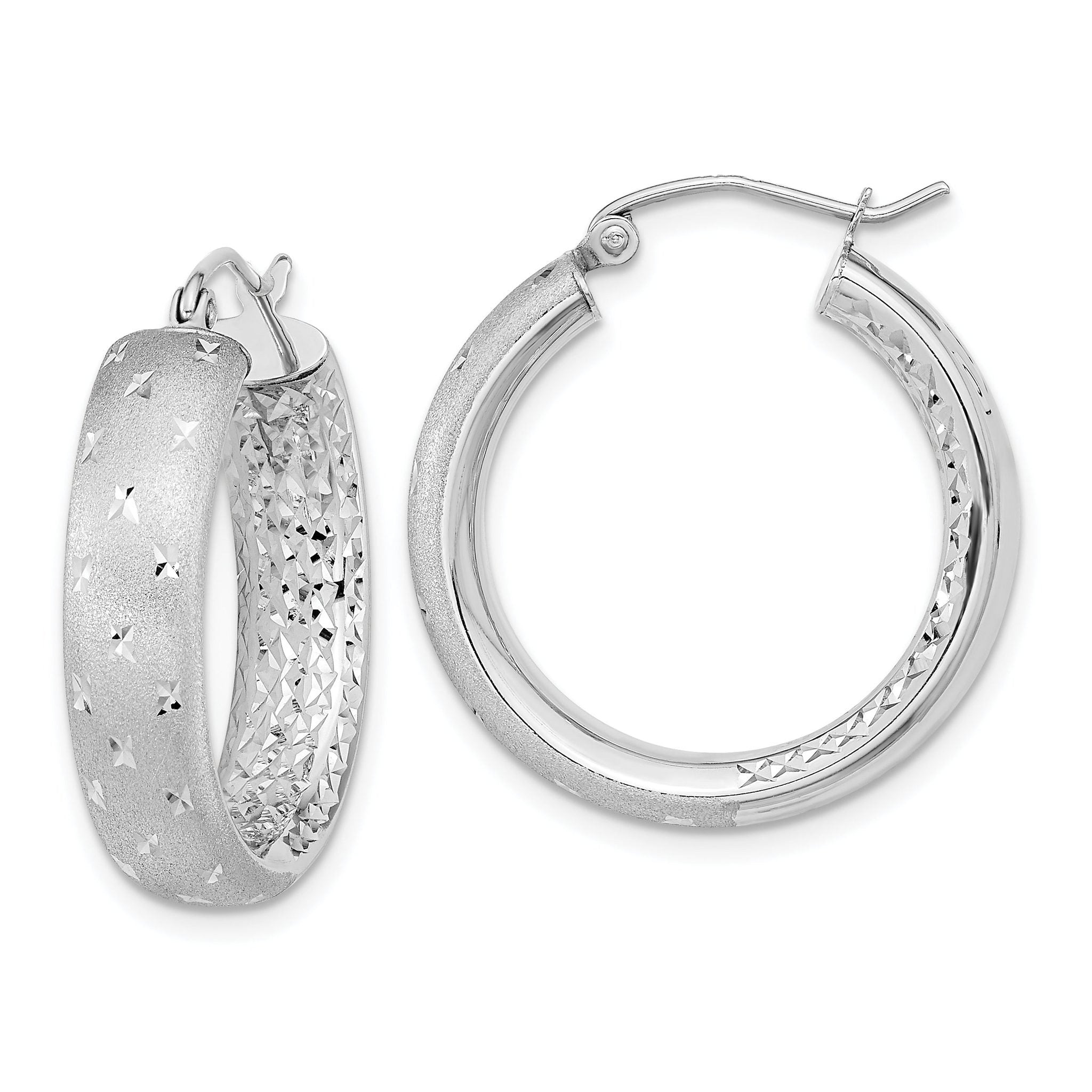 14k White Gold Polished Satin and Diamond-cut In/Out Hoop Earrings Main image